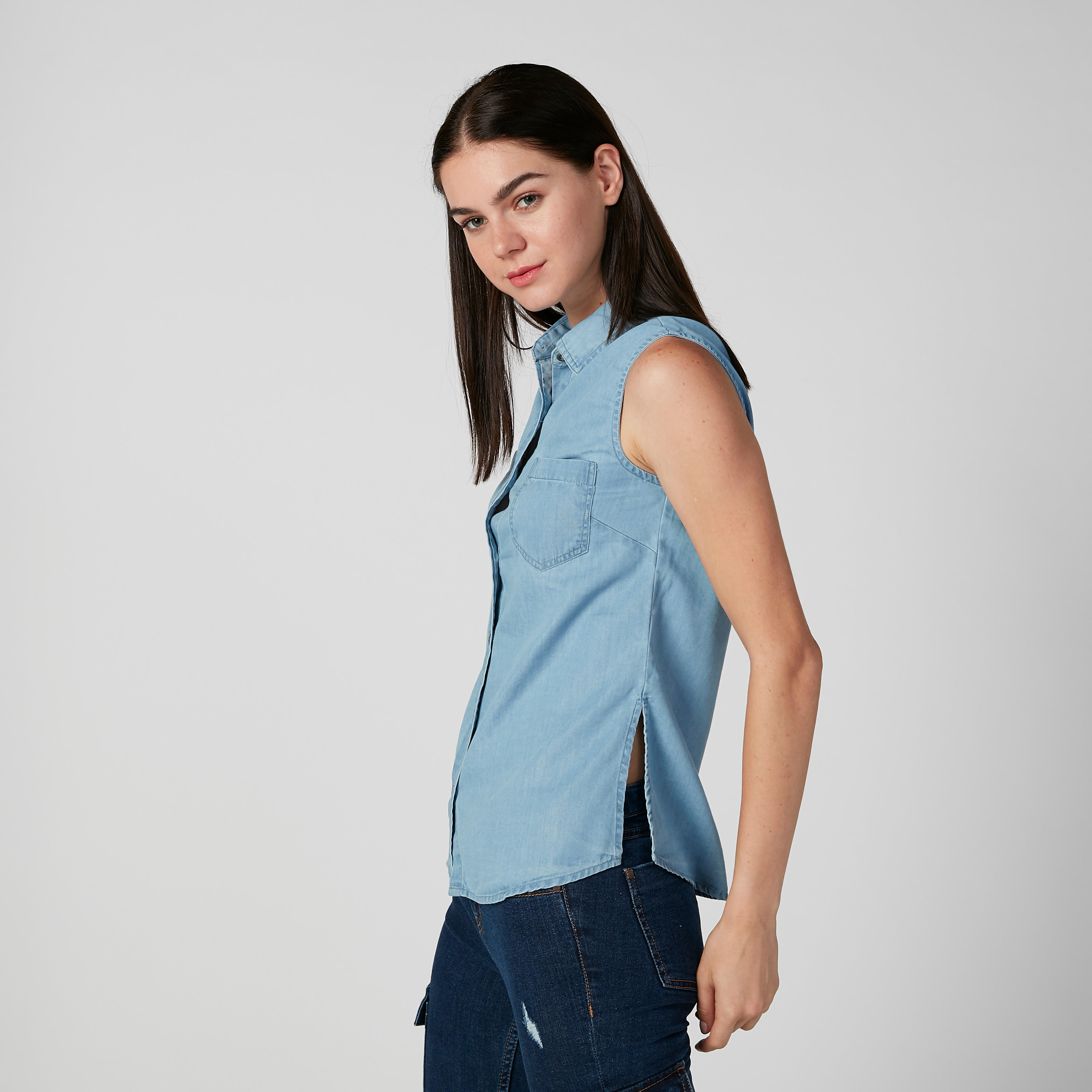 Sustainable Denim Sleeveless Shirt with Chest Pockets-women-clothing-shirtsandblouses-shirts-image-5