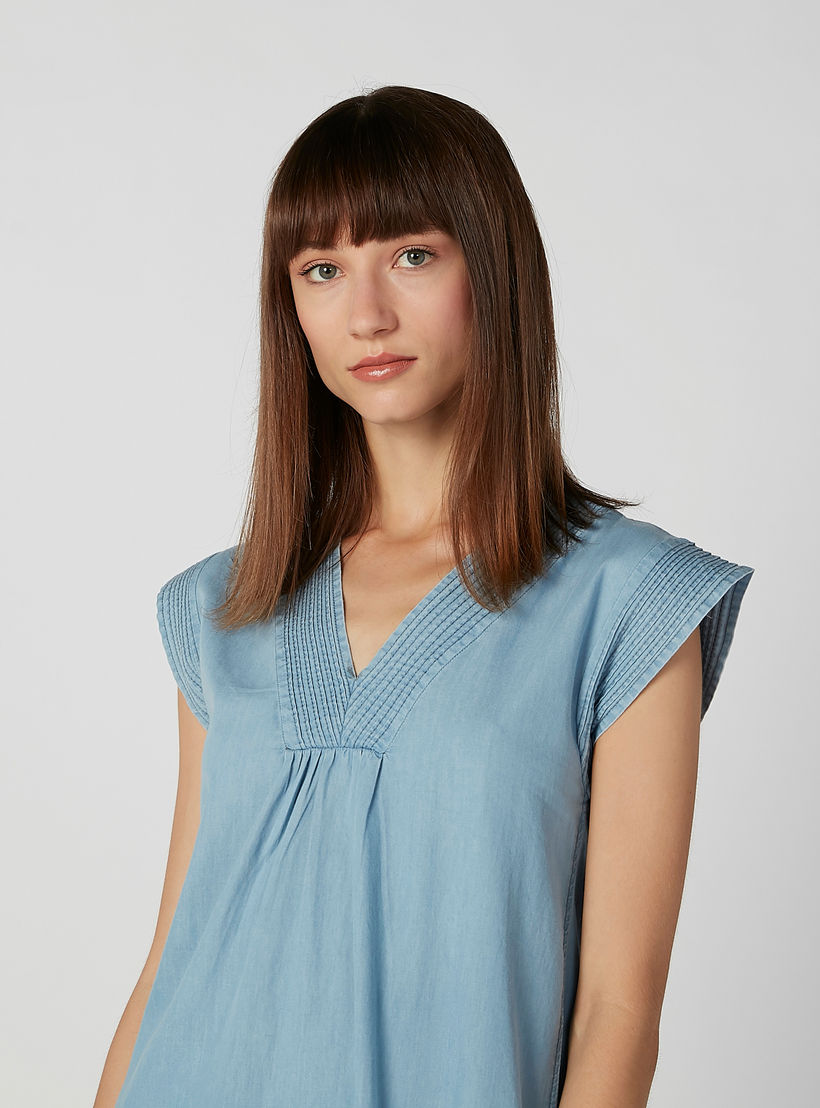 فستان مستدام سادة بياقة V وأكمام كاب -women-clothing-dresses-image-2