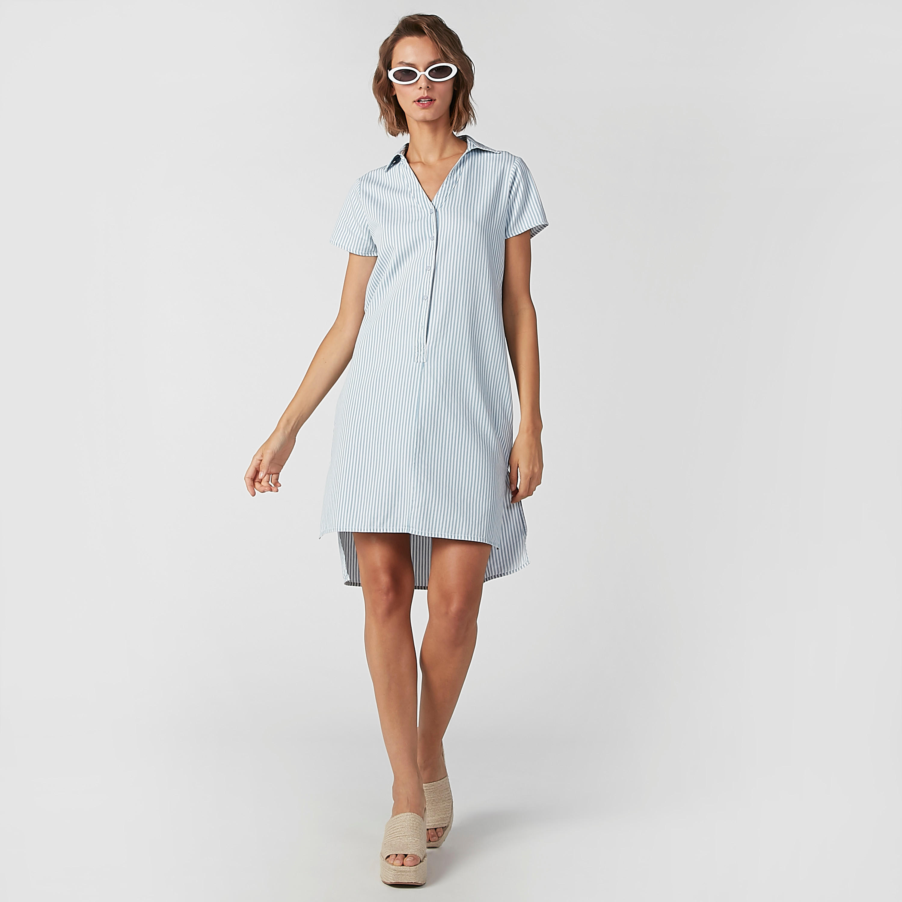 Sustainable Striped Shift Dress with High-Low Hemline-women-clothing-dresses-image-1