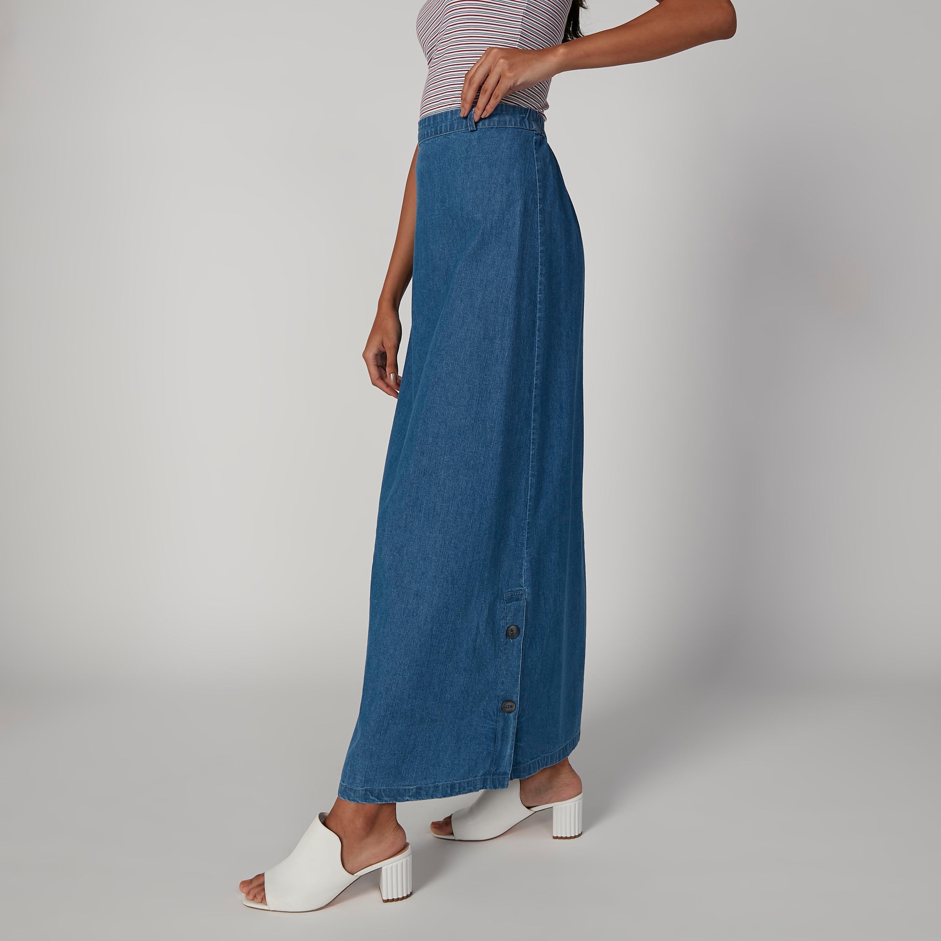 تنورة مستدامة ماكسي إيه لاين سادة بخصر مطّاطي -women-clothing-bottoms-skirts-image-1