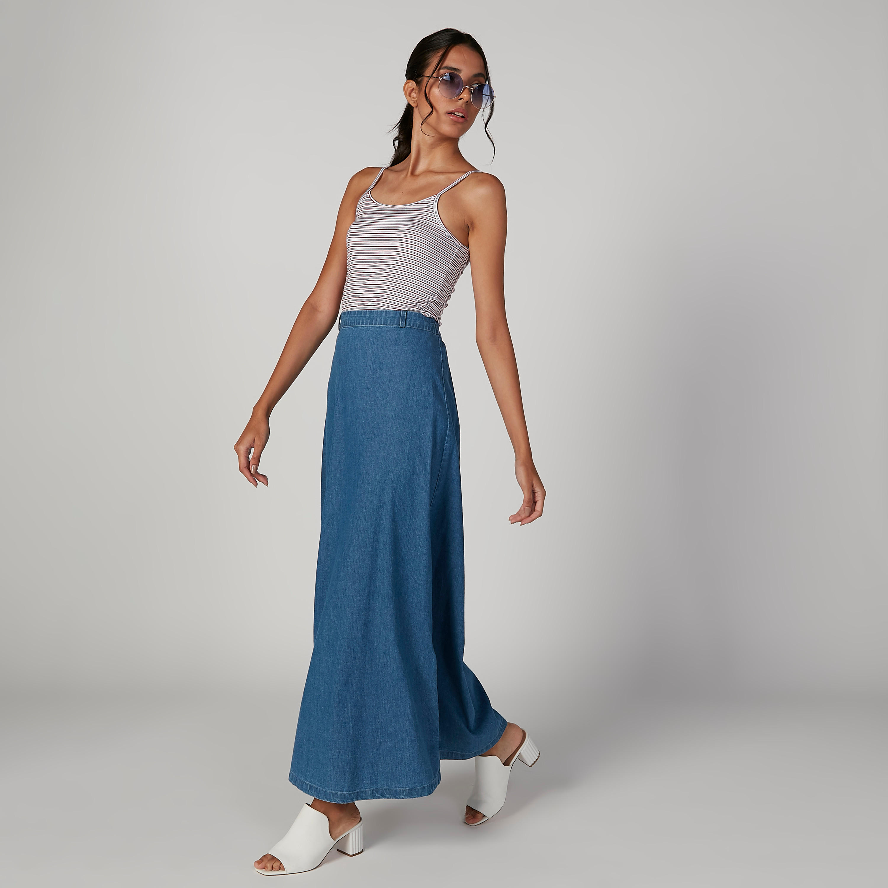 تنورة مستدامة ماكسي إيه لاين سادة بخصر مطّاطي -women-clothing-bottoms-skirts-image-4