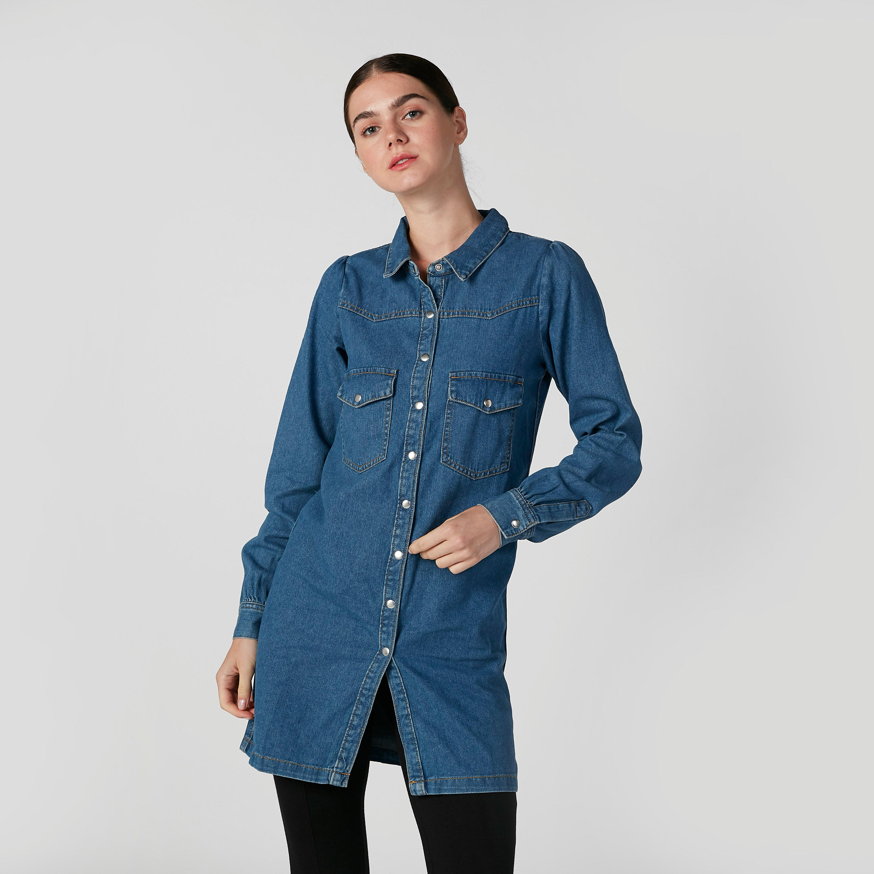 تونيك دينم بياقة عاديّة وأكمام طويلة-women-clothing-shirtsandblouses-blouses-image-1