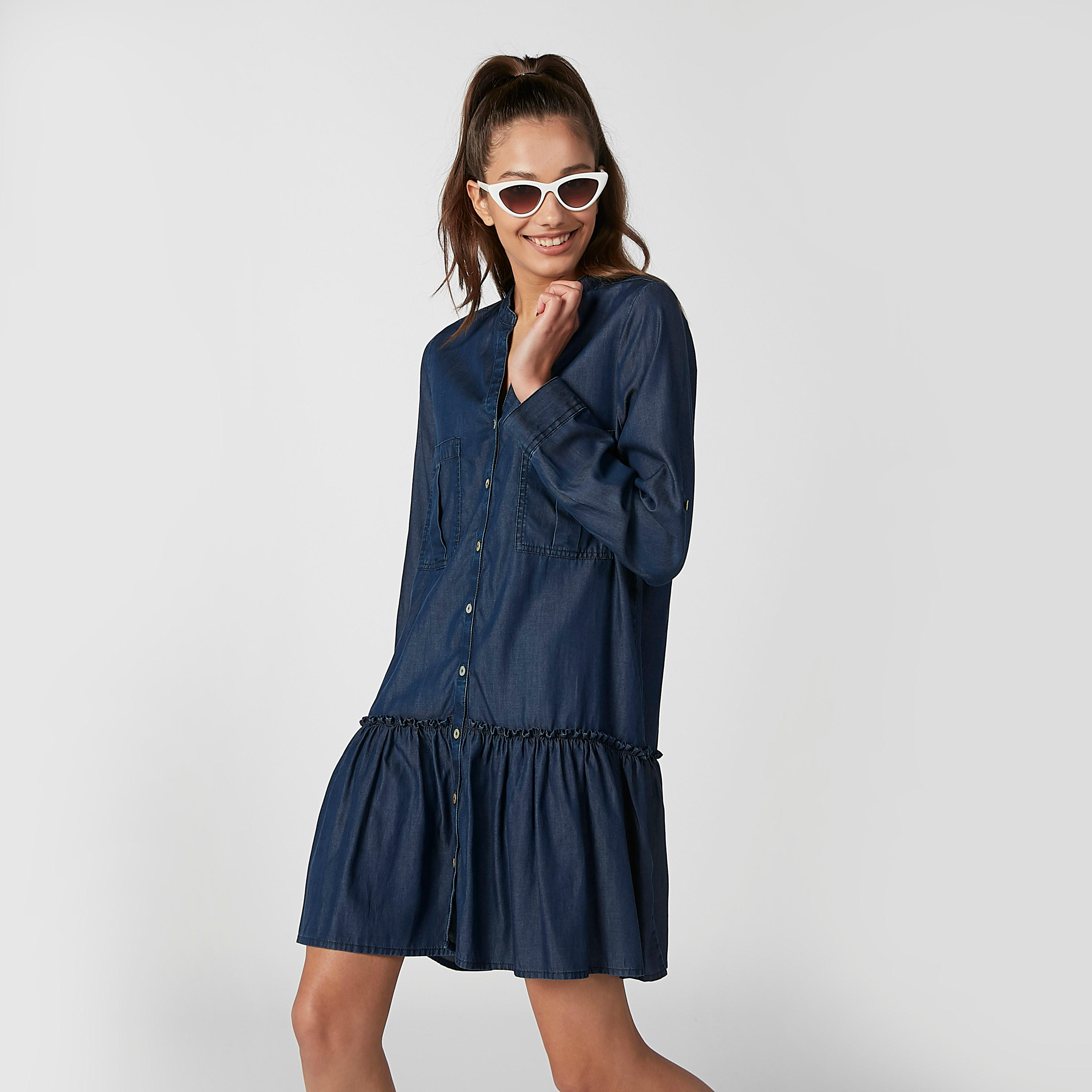 فستان قميص جينز ميدي بأكمام طويلة-women-clothing-dresses-image-3