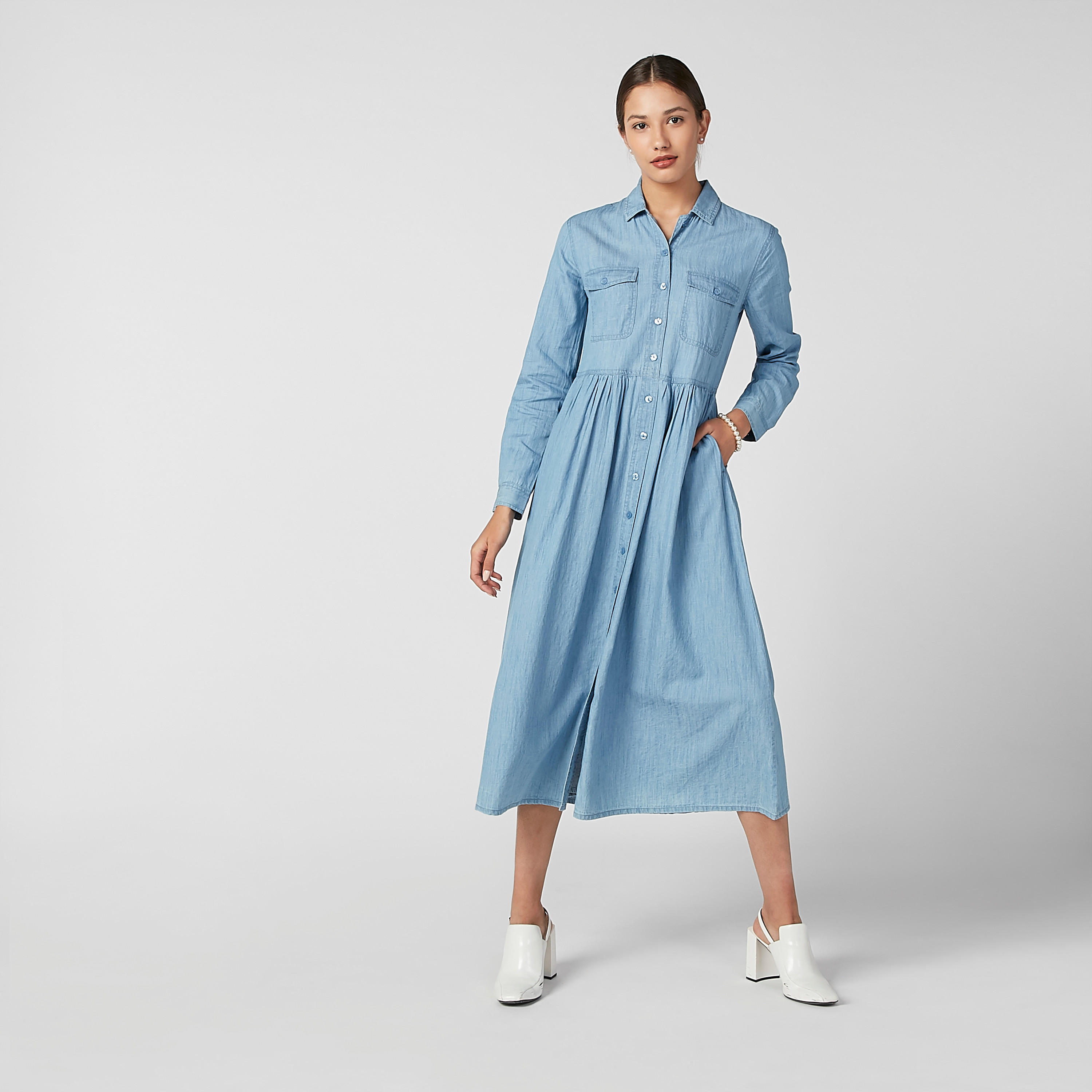 فستان قميص دينم ميدي إيه لاين سادة بأكمام طويلة وجيوب-women-clothing-dresses-image-1