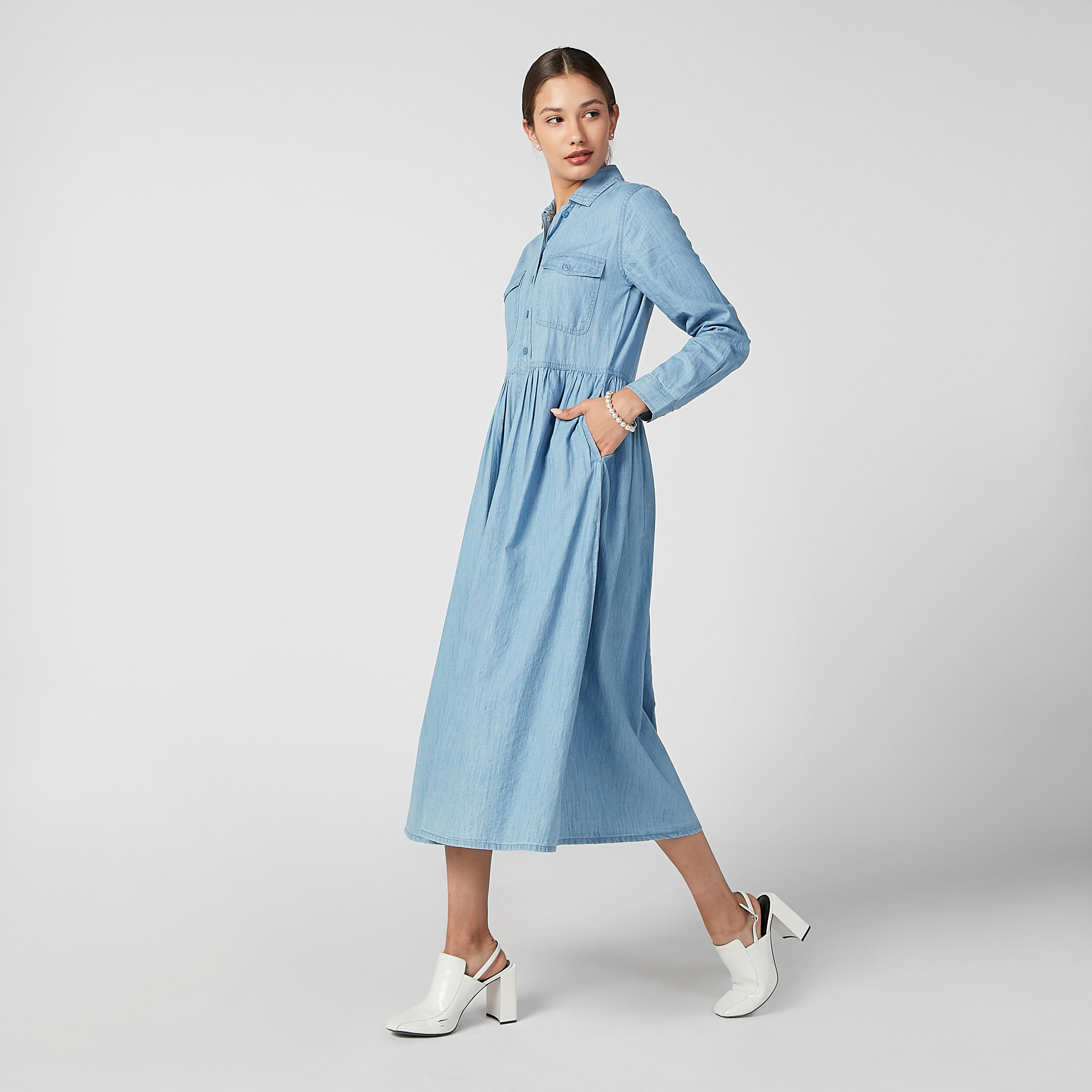 فستان قميص دينم ميدي إيه لاين سادة بأكمام طويلة وجيوب-women-clothing-dresses-image-3