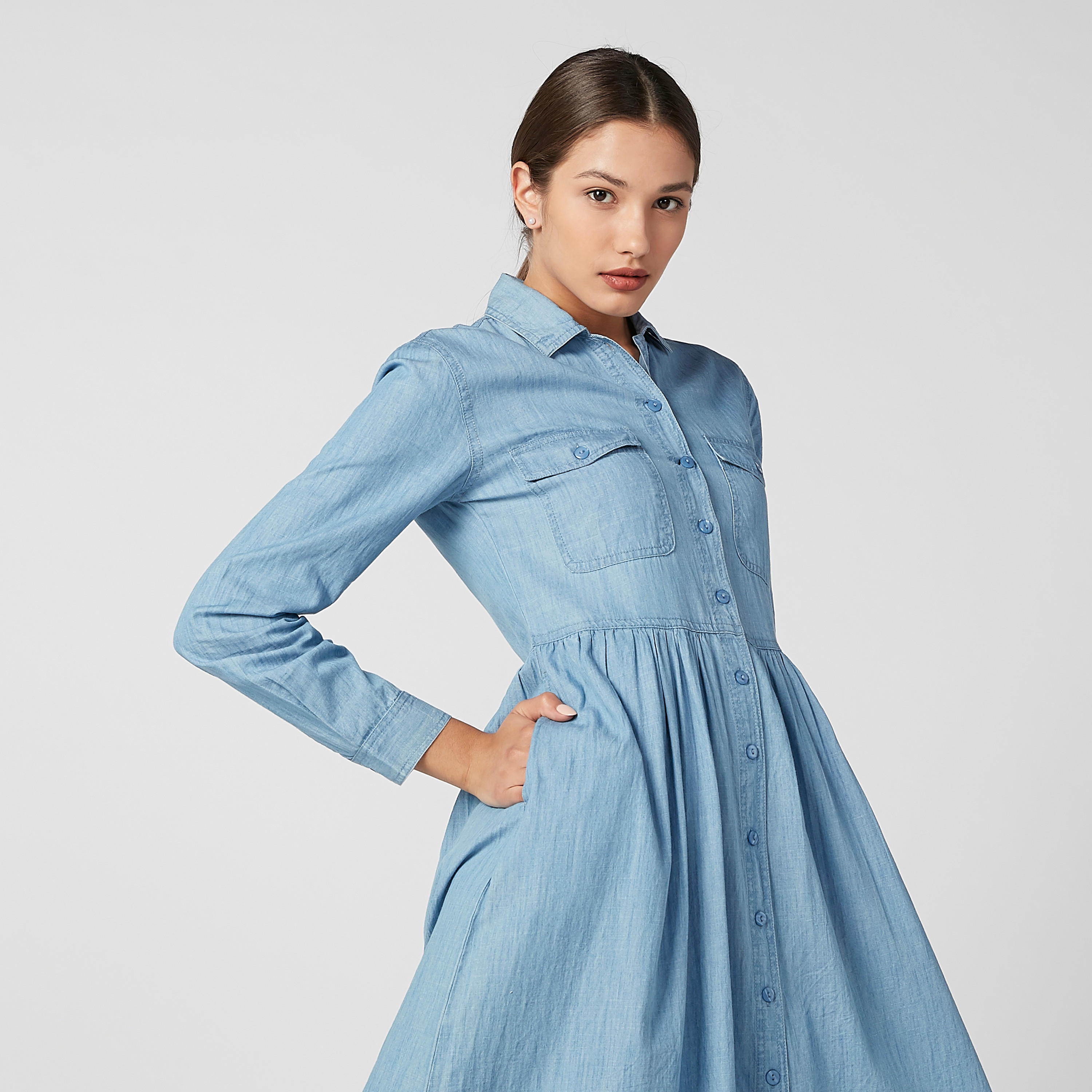 فستان قميص دينم ميدي إيه لاين سادة بأكمام طويلة وجيوب-women-clothing-dresses-image-5