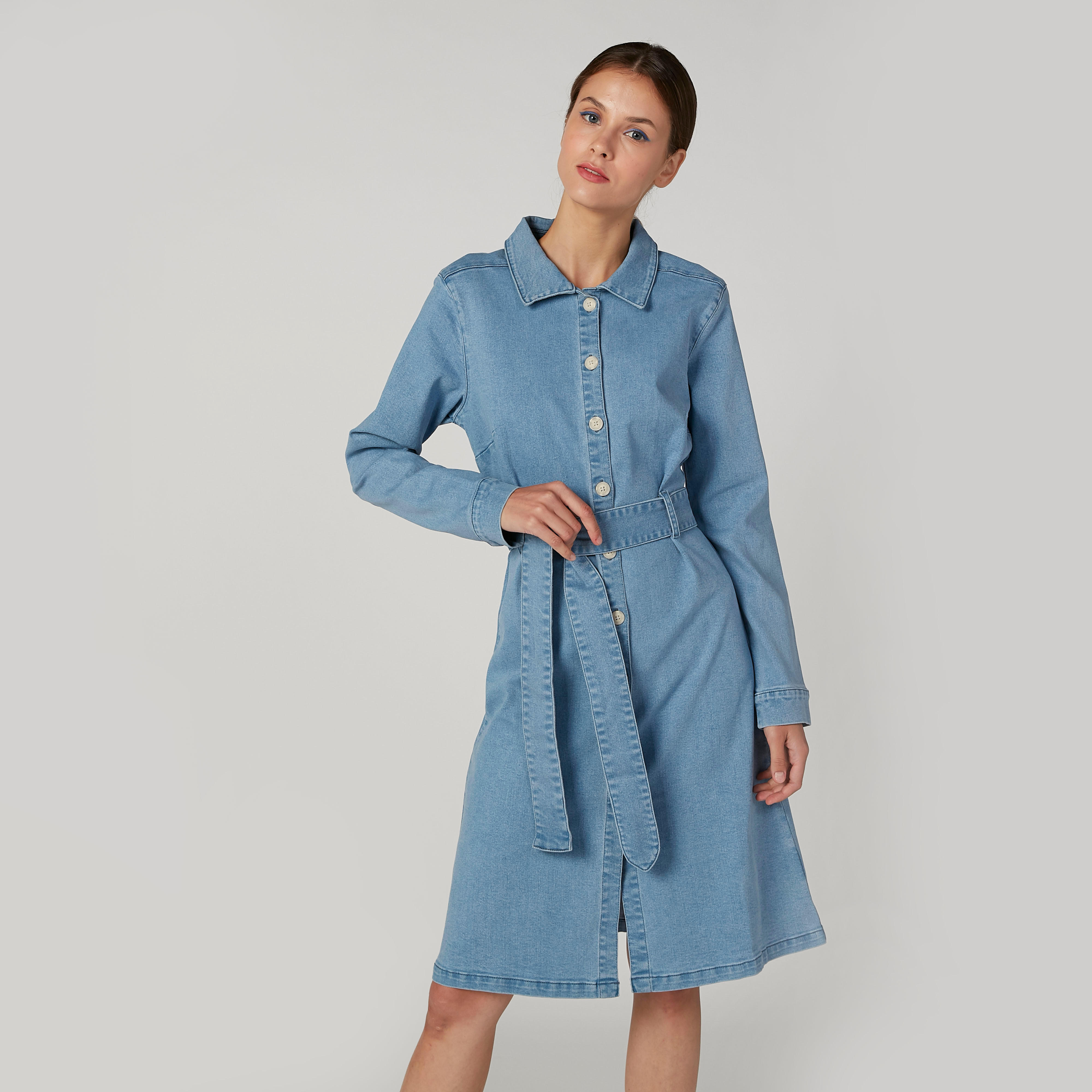 فستان قميص ميدي سادة بياقة عاديّة وأكمام طويلة-women-clothing-dresses-image-1