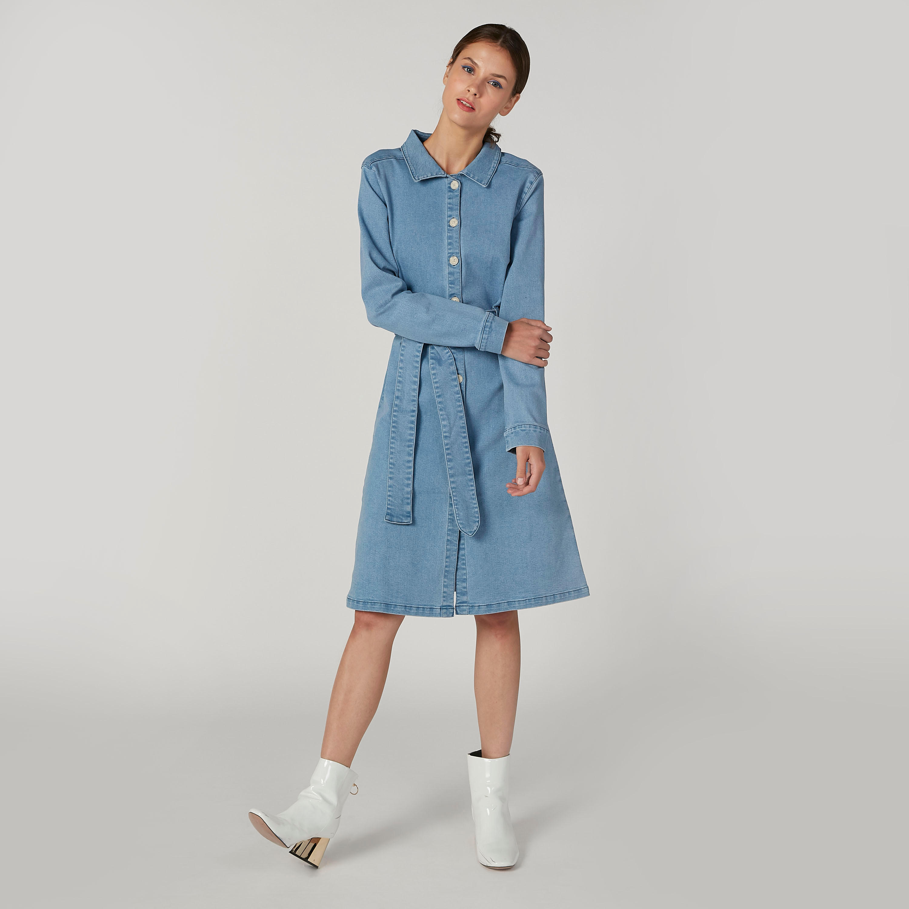 فستان قميص ميدي سادة بياقة عاديّة وأكمام طويلة-women-clothing-dresses-image-2
