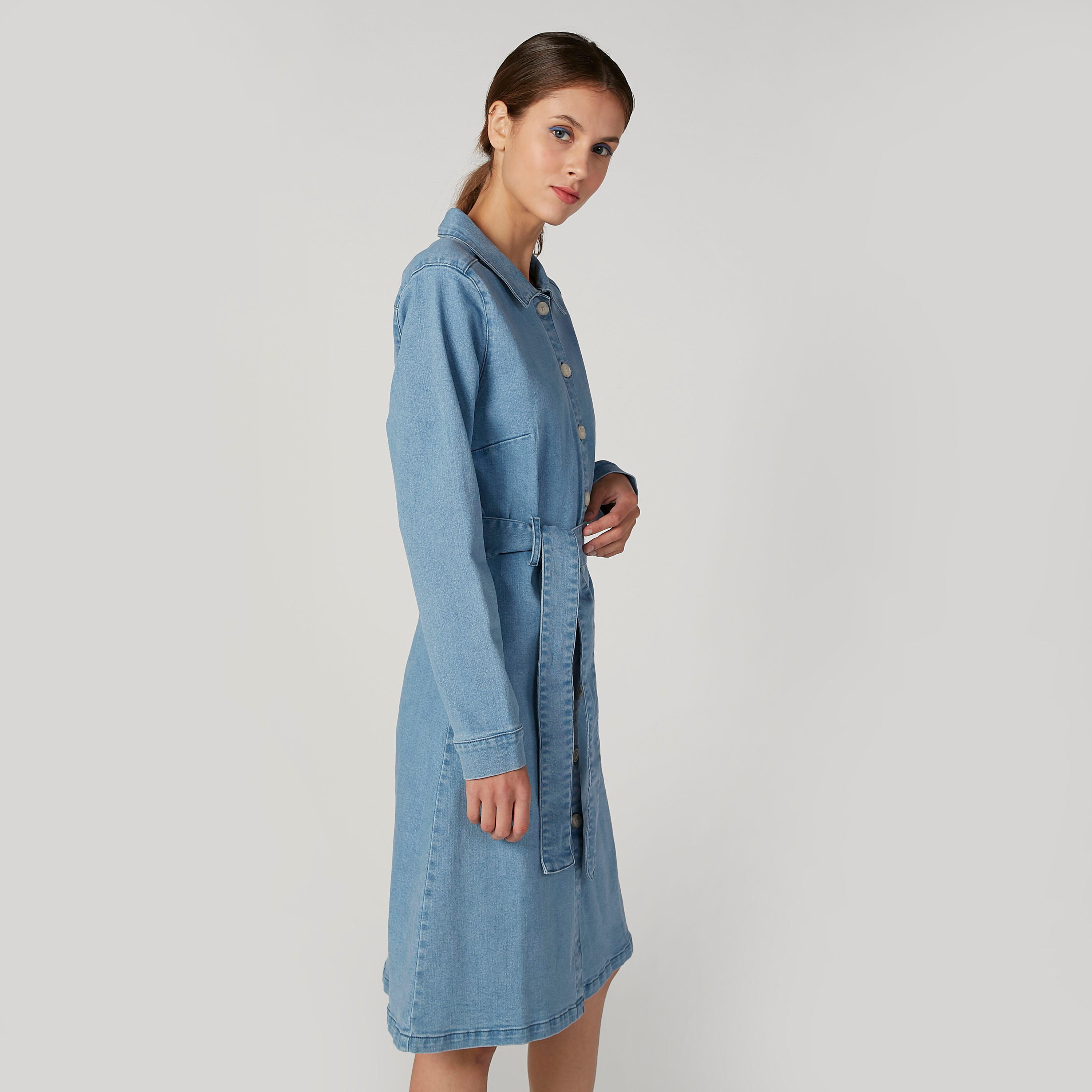 فستان قميص ميدي سادة بياقة عاديّة وأكمام طويلة-women-clothing-dresses-image-5