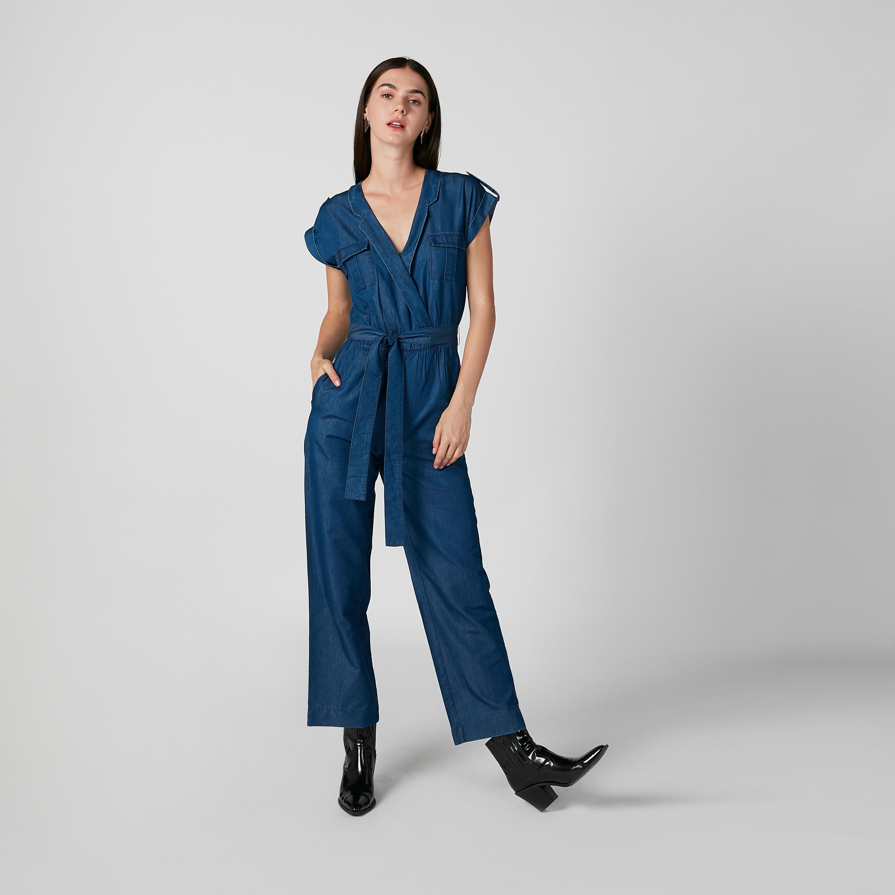 افرول مستدام سادة بأكمام طويلة متصلة وجيوب-women-clothing-jumpsuits-image-3