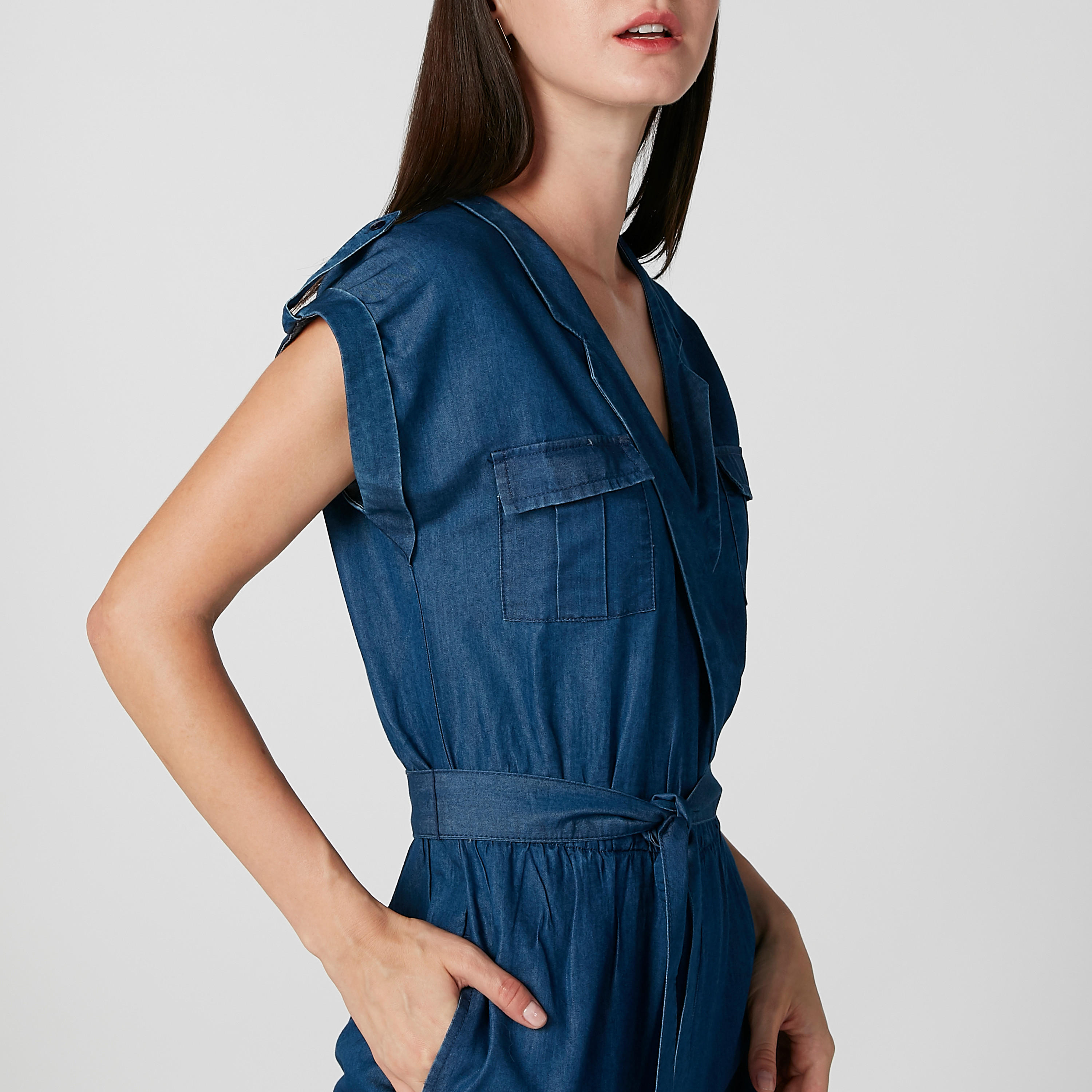 افرول مستدام سادة بأكمام طويلة متصلة وجيوب-women-clothing-jumpsuits-image-2