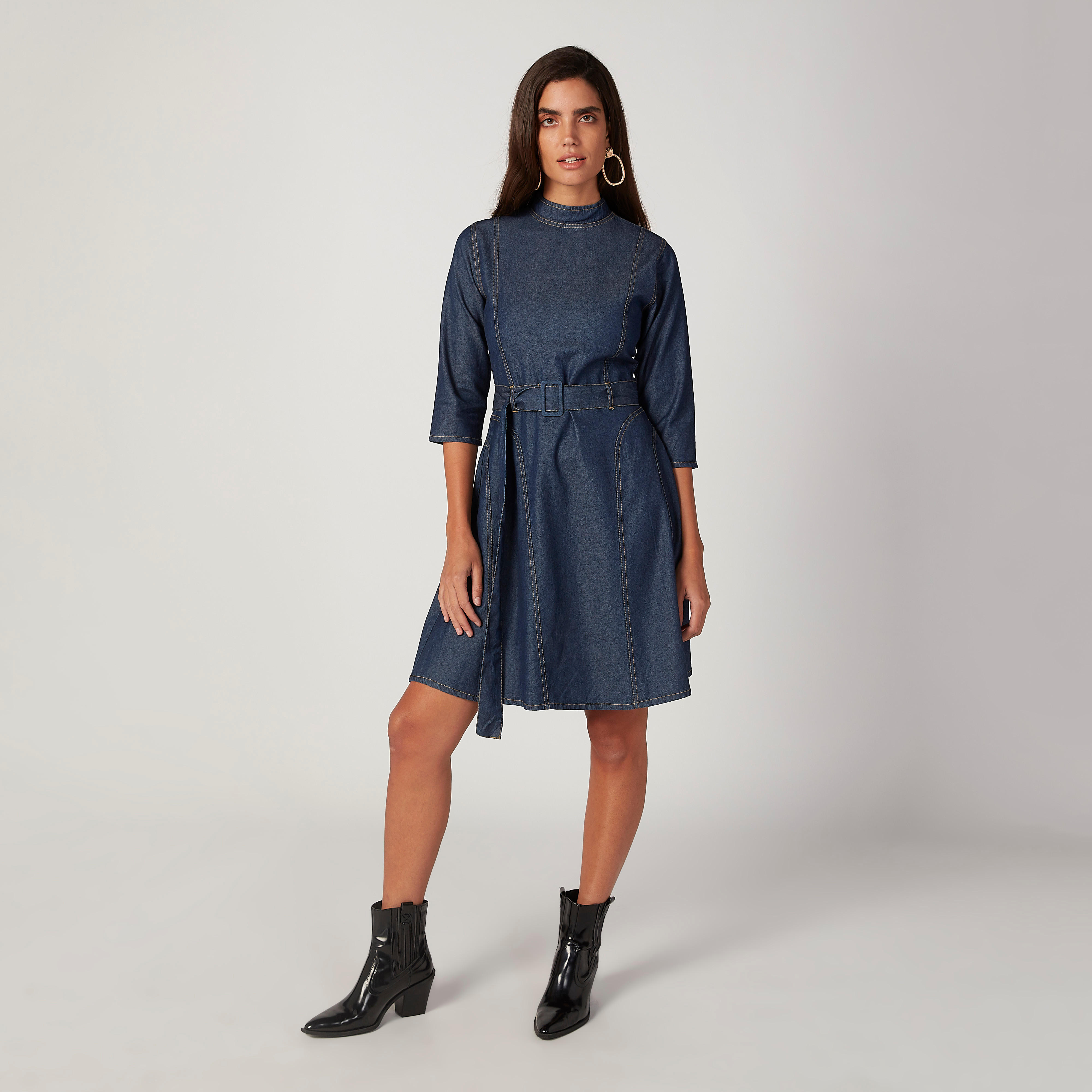 فستان مستدام دينم قصير بياقة عالية وأكمام 3/4 -women-clothing-dresses-image-2