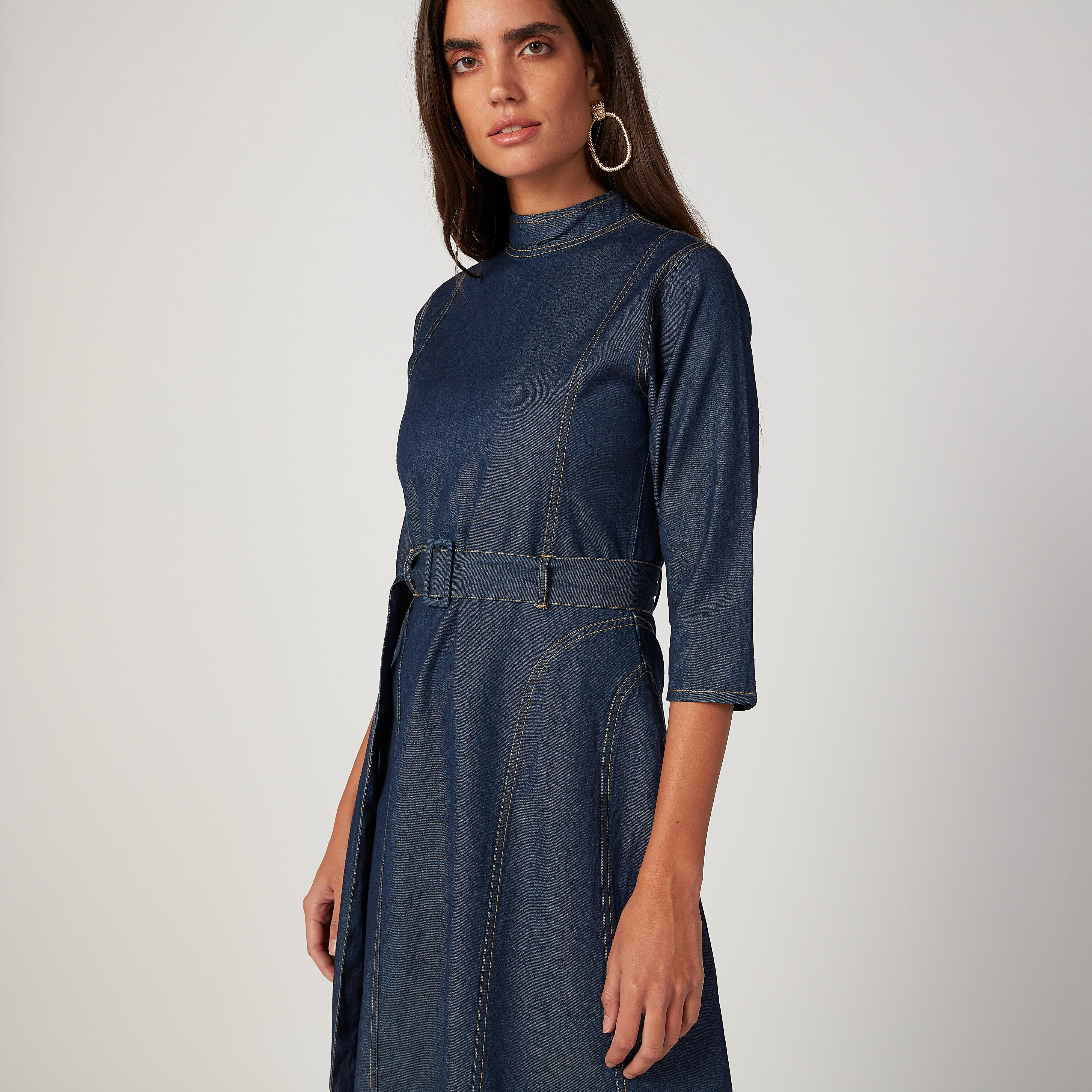 فستان مستدام دينم قصير بياقة عالية وأكمام 3/4 -women-clothing-dresses-image-3