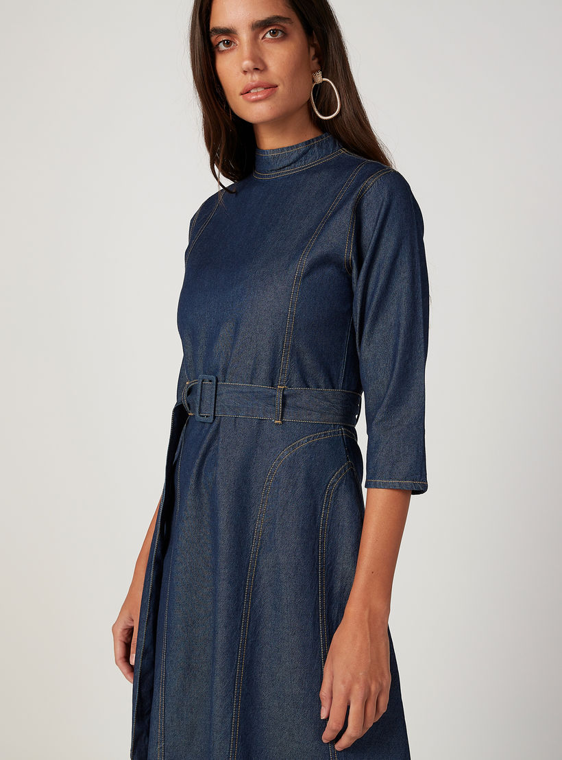 فستان مستدام دينم قصير بياقة عالية وأكمام 3/4 -women-clothing-dresses-image-3
