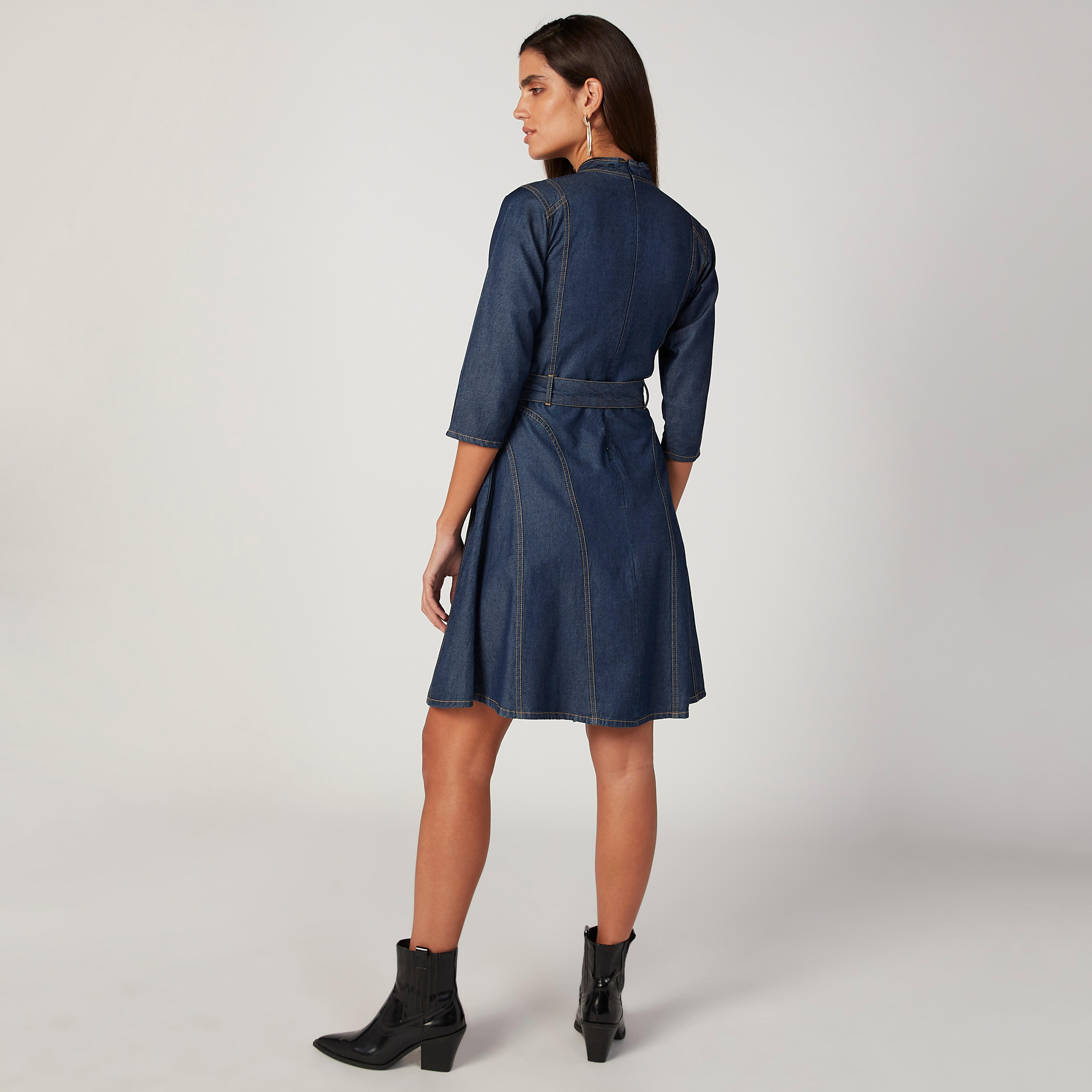 فستان مستدام دينم قصير بياقة عالية وأكمام 3/4 -women-clothing-dresses-image-4