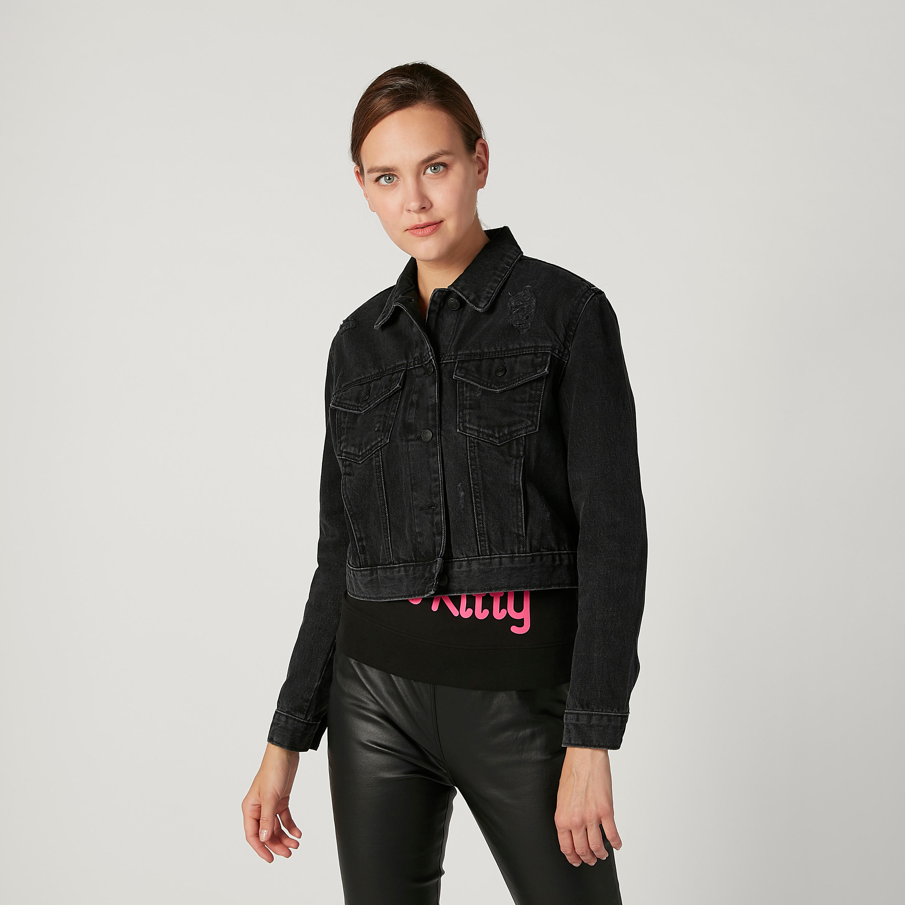 Distressed Denim Jacket with Long Sleeves and Flap Pockets-women-winterwear-coatsandjackets-jackets-image-1