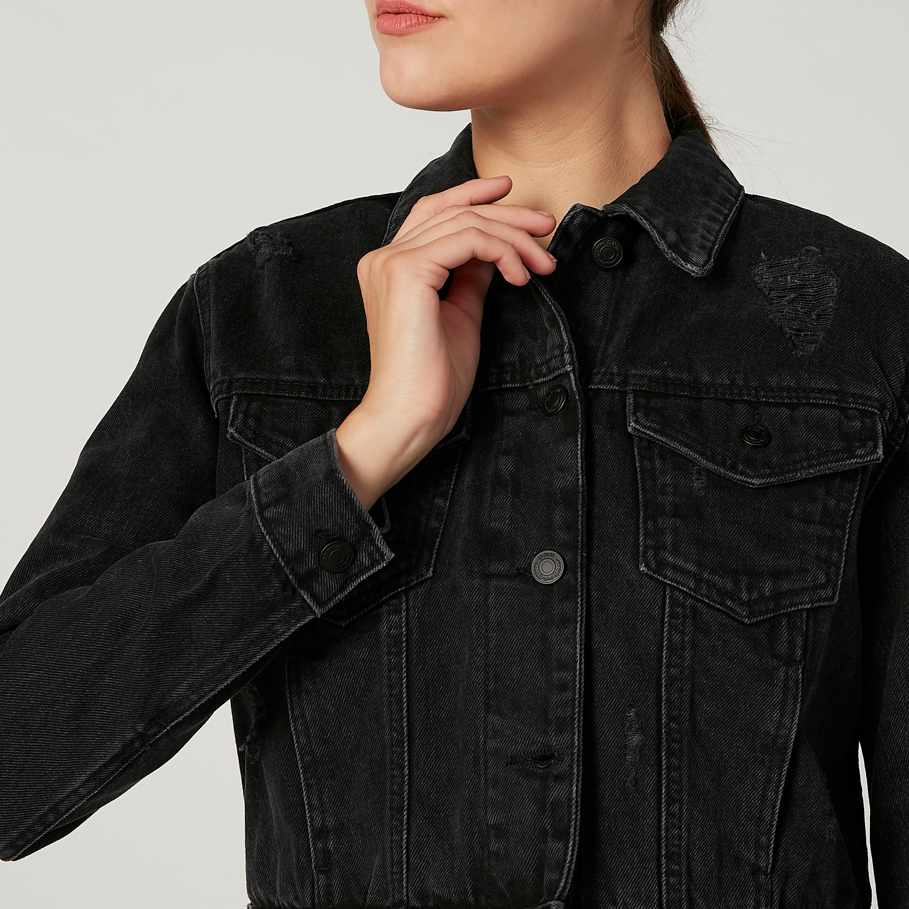 Distressed Denim Jacket with Long Sleeves and Flap Pockets-women-winterwear-coatsandjackets-jackets-image-3