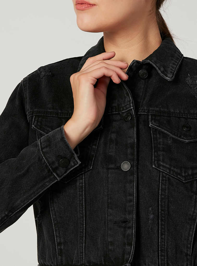 Distressed Denim Jacket with Long Sleeves and Flap Pockets-women-winterwear-coatsandjackets-jackets-image-3