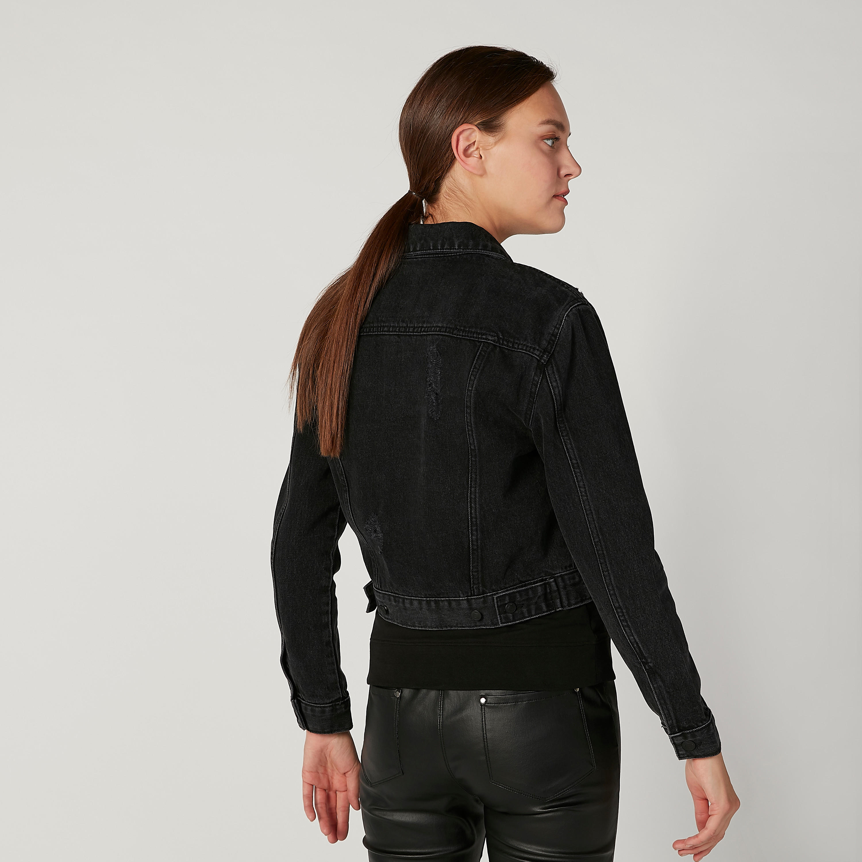 Distressed Denim Jacket with Long Sleeves and Flap Pockets-women-winterwear-coatsandjackets-jackets-image-4