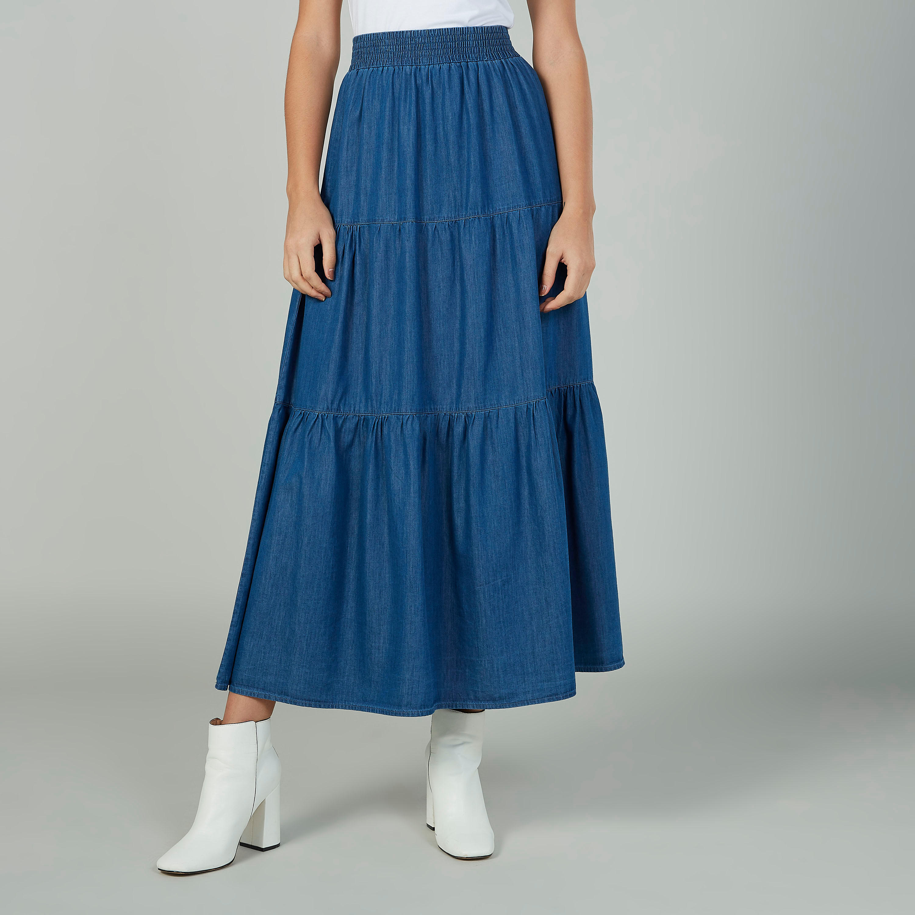 تنورة سادة طويلة إيه لاين بخصر مطّاطي-women-clothing-bottoms-skirts-image-1