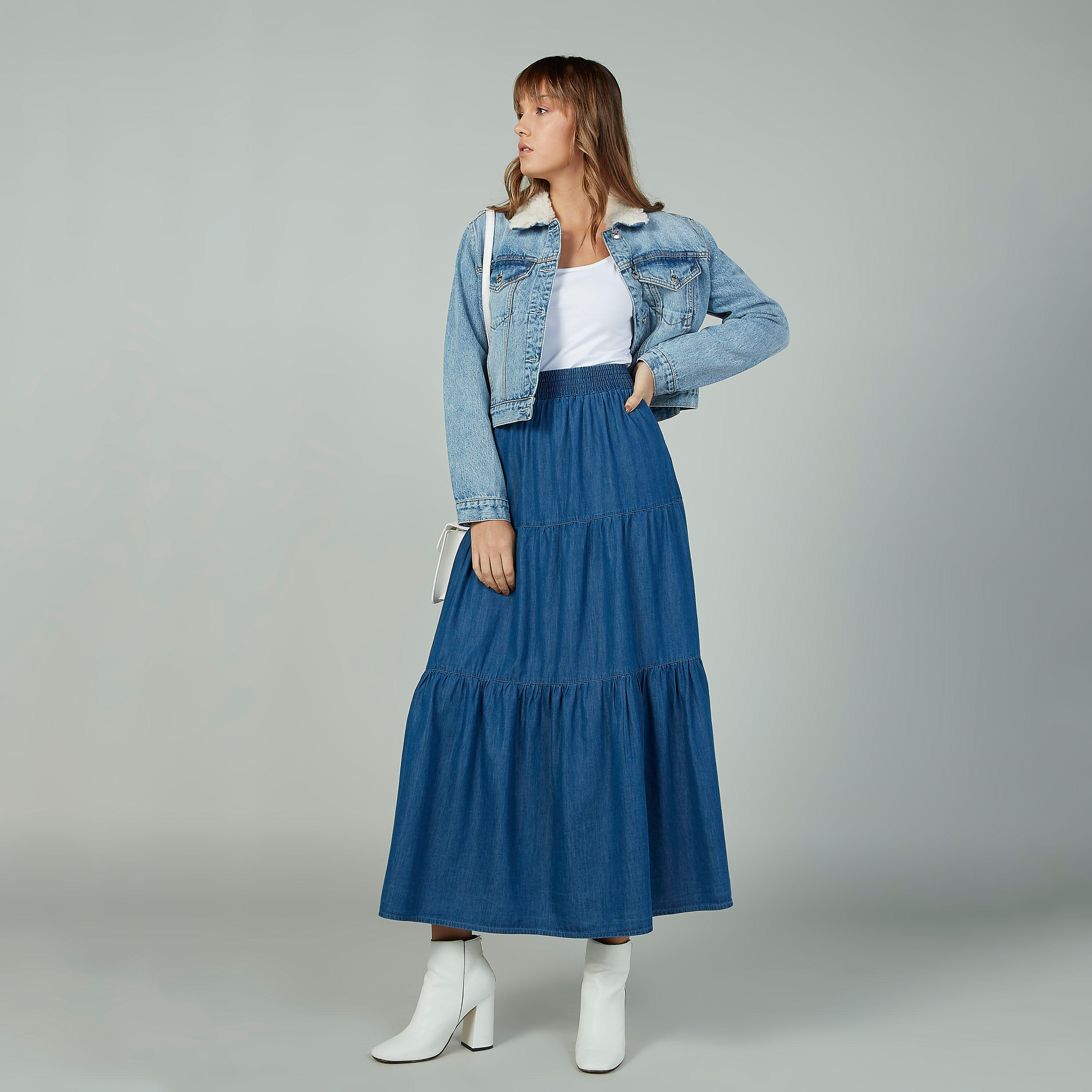 تنورة سادة طويلة إيه لاين بخصر مطّاطي-women-clothing-bottoms-skirts-image-2