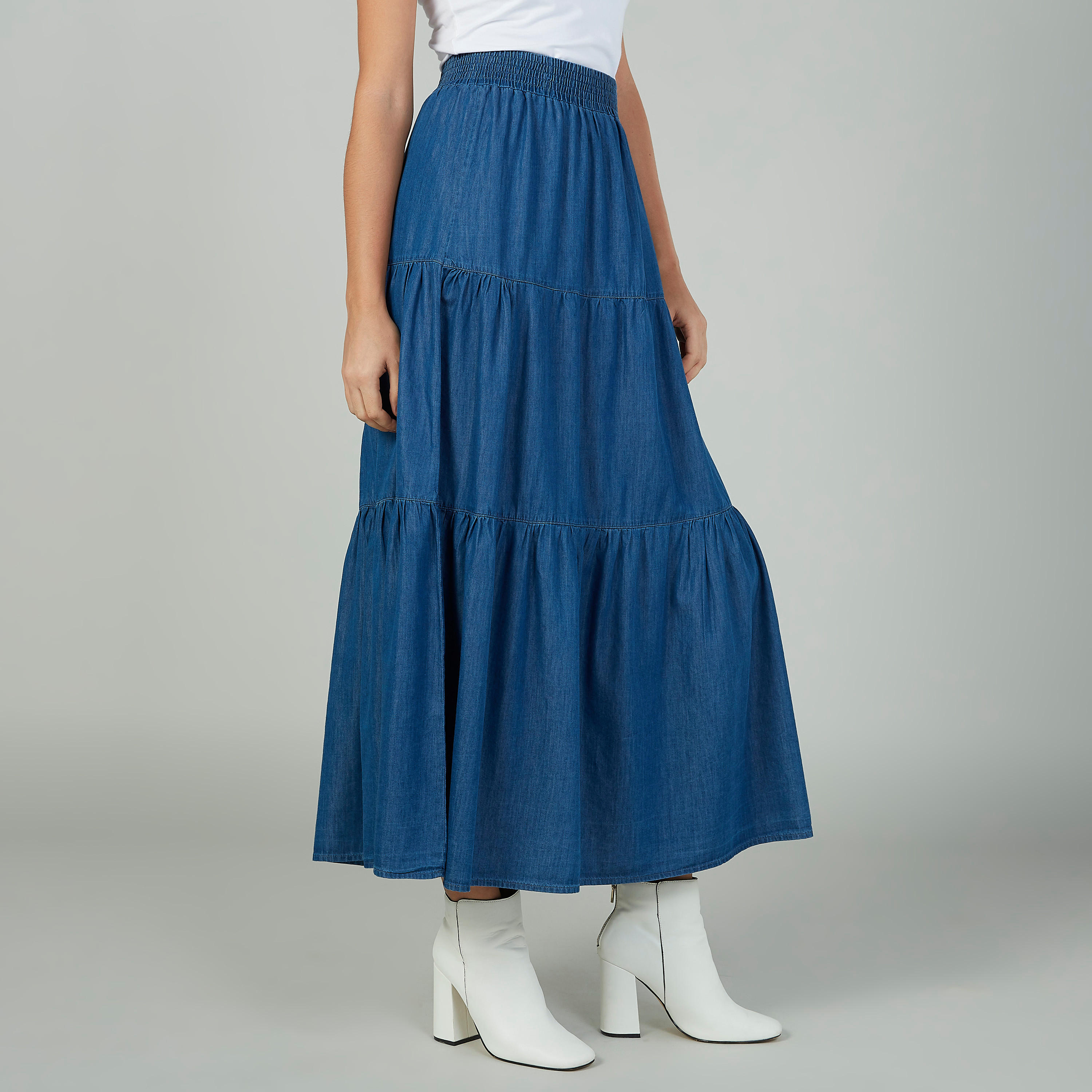 تنورة سادة طويلة إيه لاين بخصر مطّاطي-women-clothing-bottoms-skirts-image-3