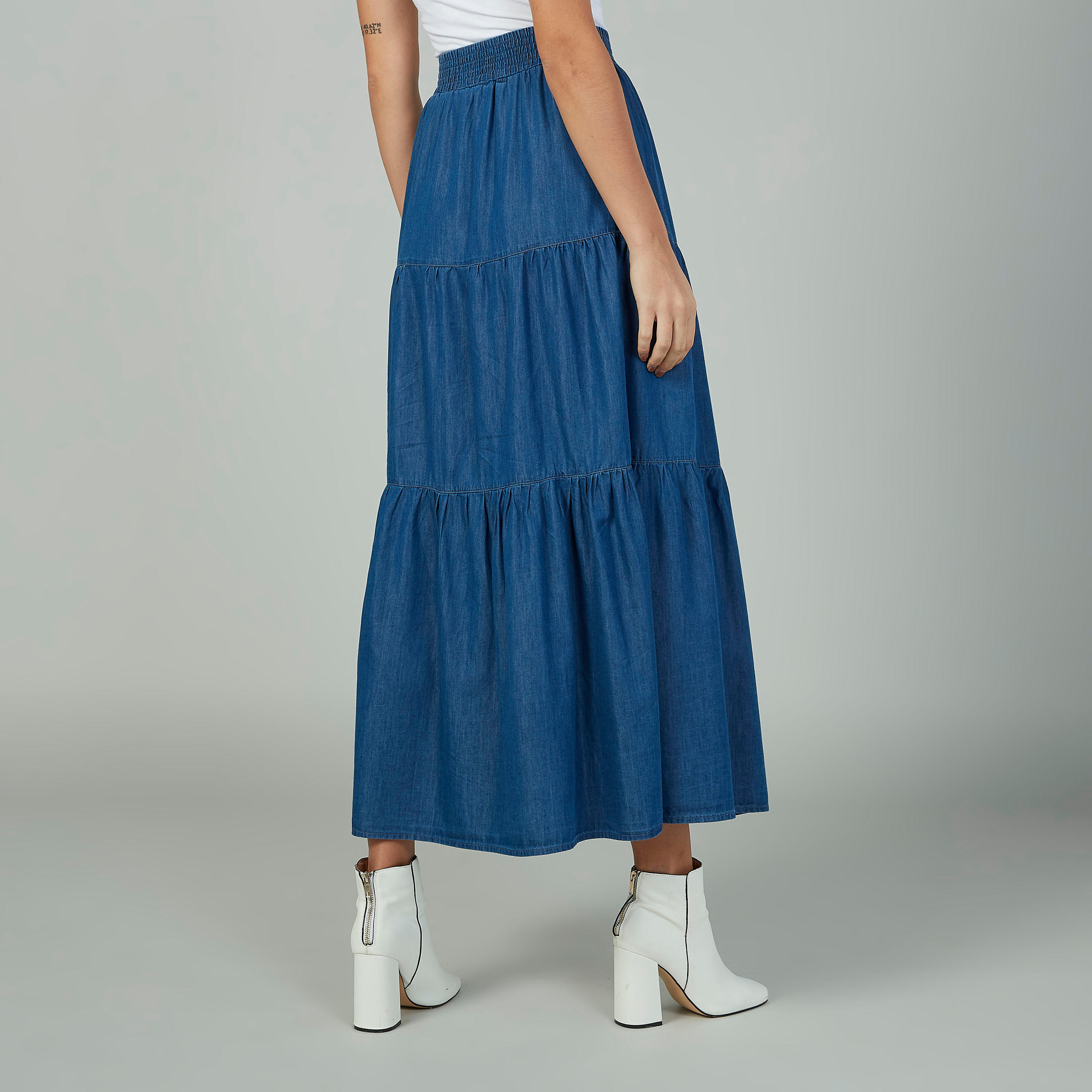 تنورة سادة طويلة إيه لاين بخصر مطّاطي-women-clothing-bottoms-skirts-image-4