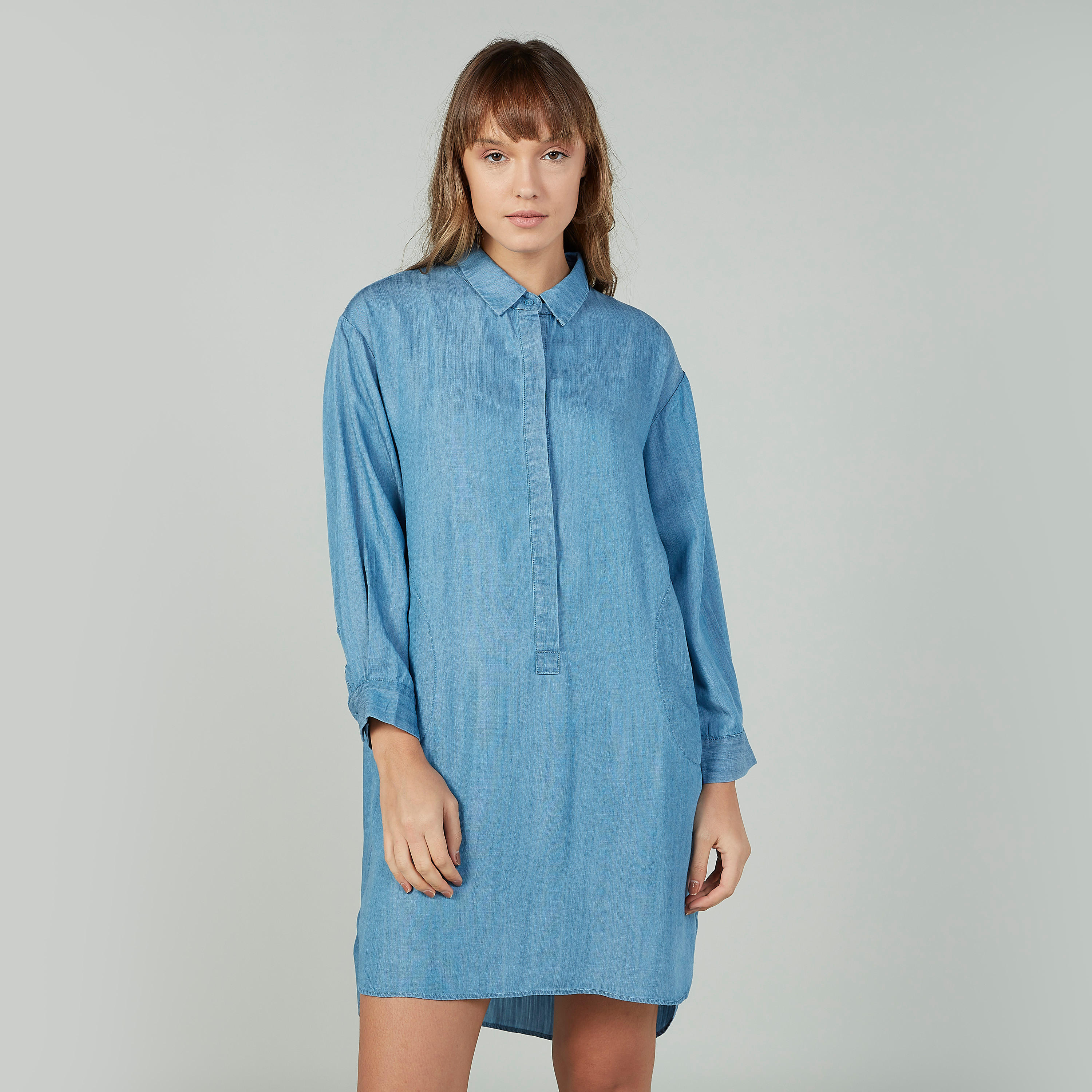 Sustainable Plain Denim Tunic with Long Sleeves-women-clothing-shirtsandblouses-blouses-image-1