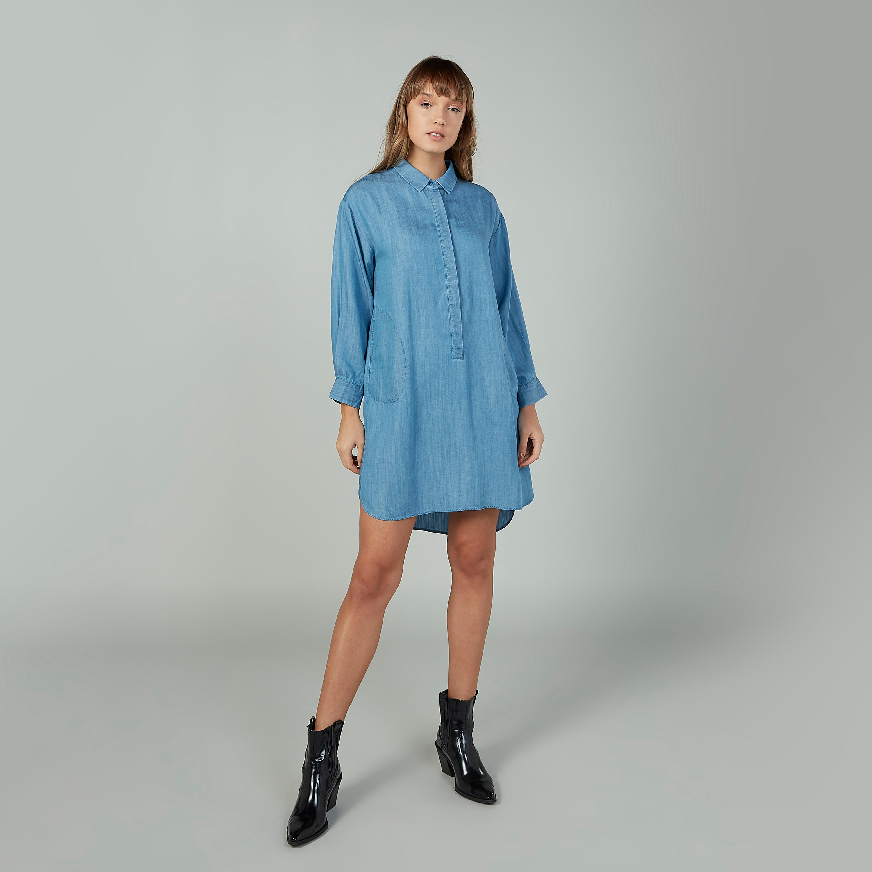 Sustainable Plain Denim Tunic with Long Sleeves-women-clothing-shirtsandblouses-blouses-image-2