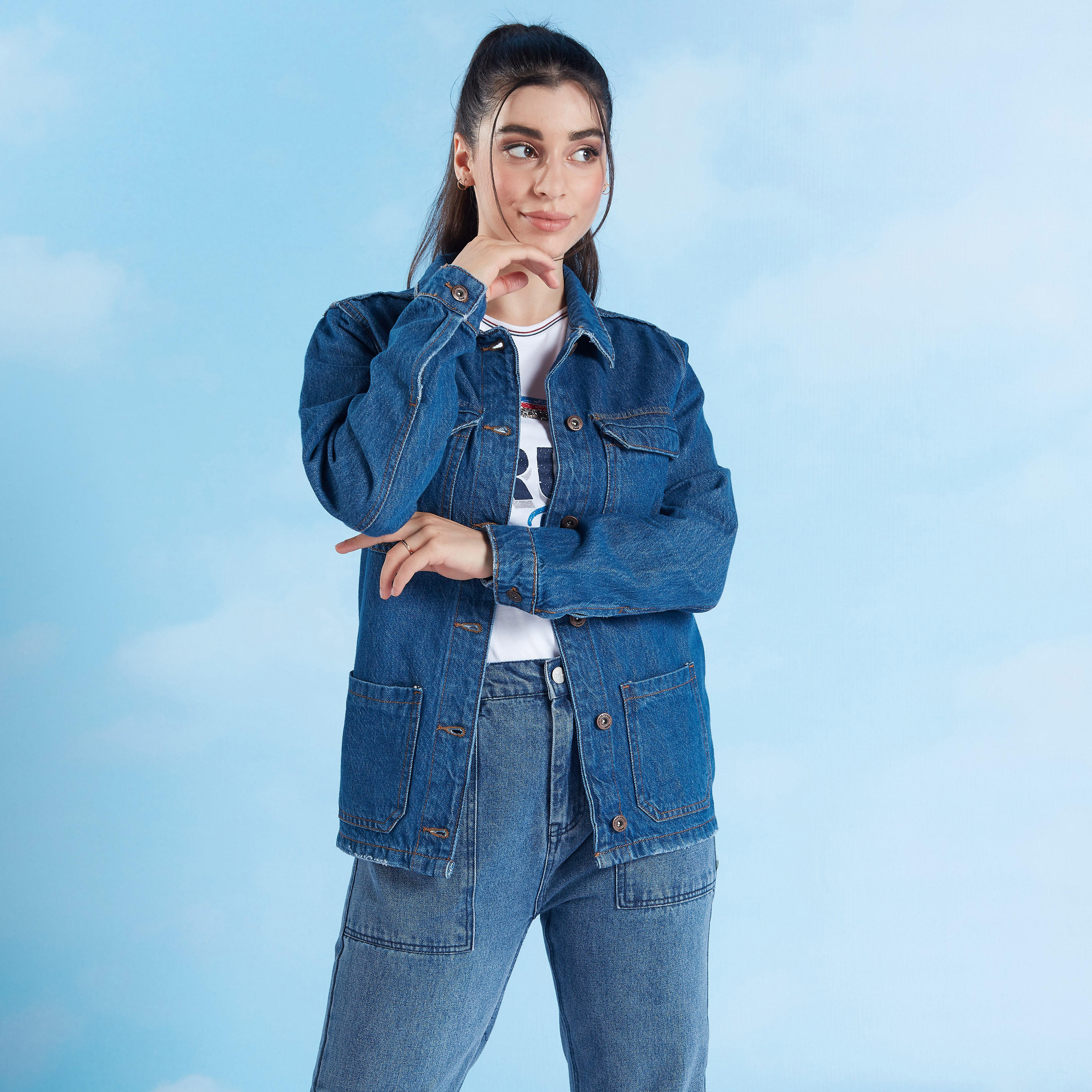 Plain Denim Jacket with Long Sleeves and Flap Pockets-women-winterwear-coatsandjackets-jackets-image-1
