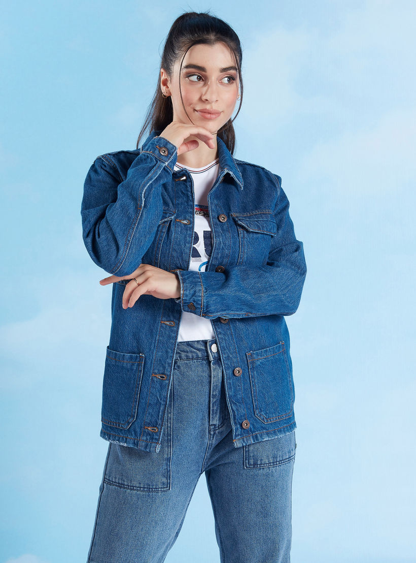 Plain Denim Jacket with Long Sleeves and Flap Pockets-women-winterwear-coatsandjackets-jackets-image-1