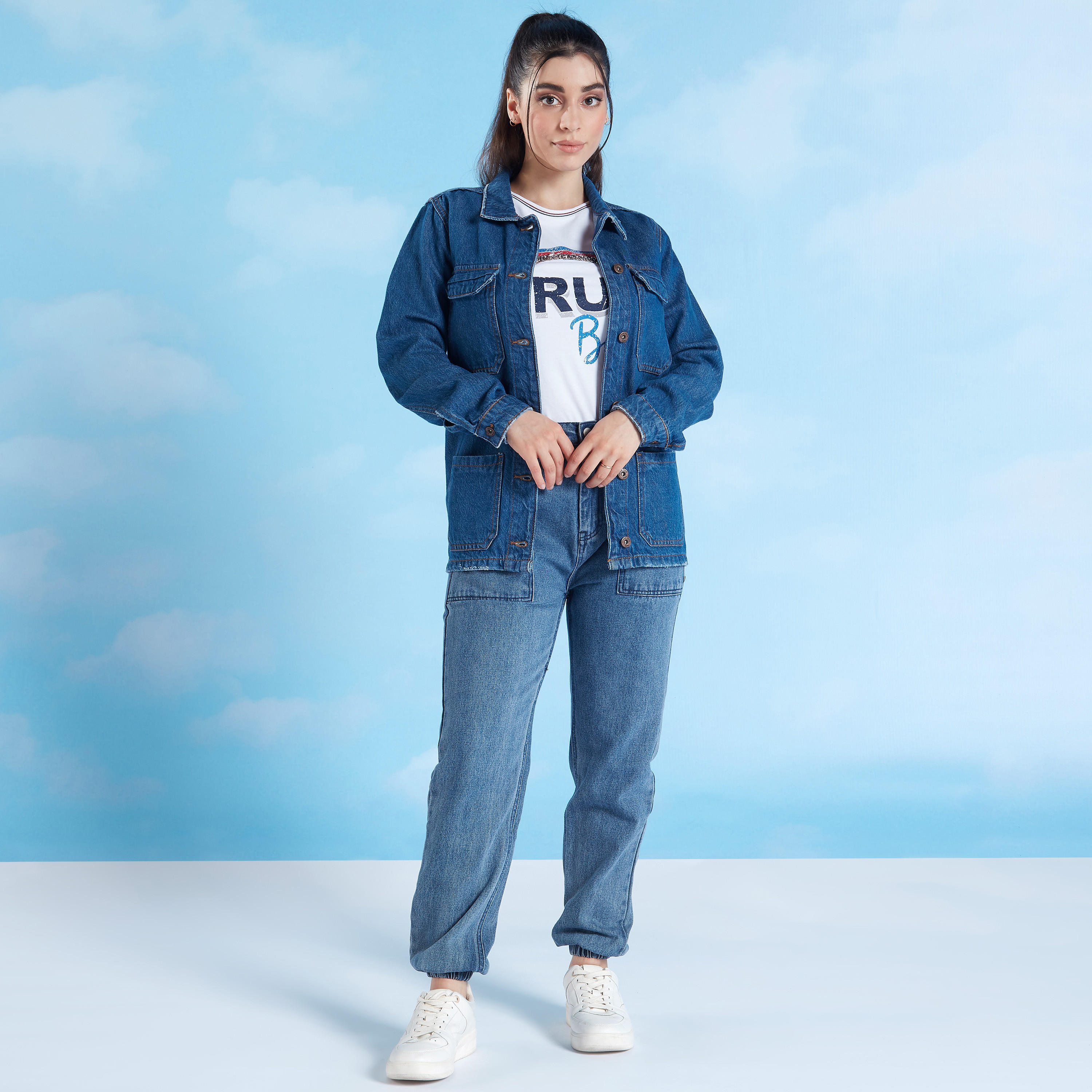 Plain Denim Jacket with Long Sleeves and Flap Pockets-women-winterwear-coatsandjackets-jackets-image-2