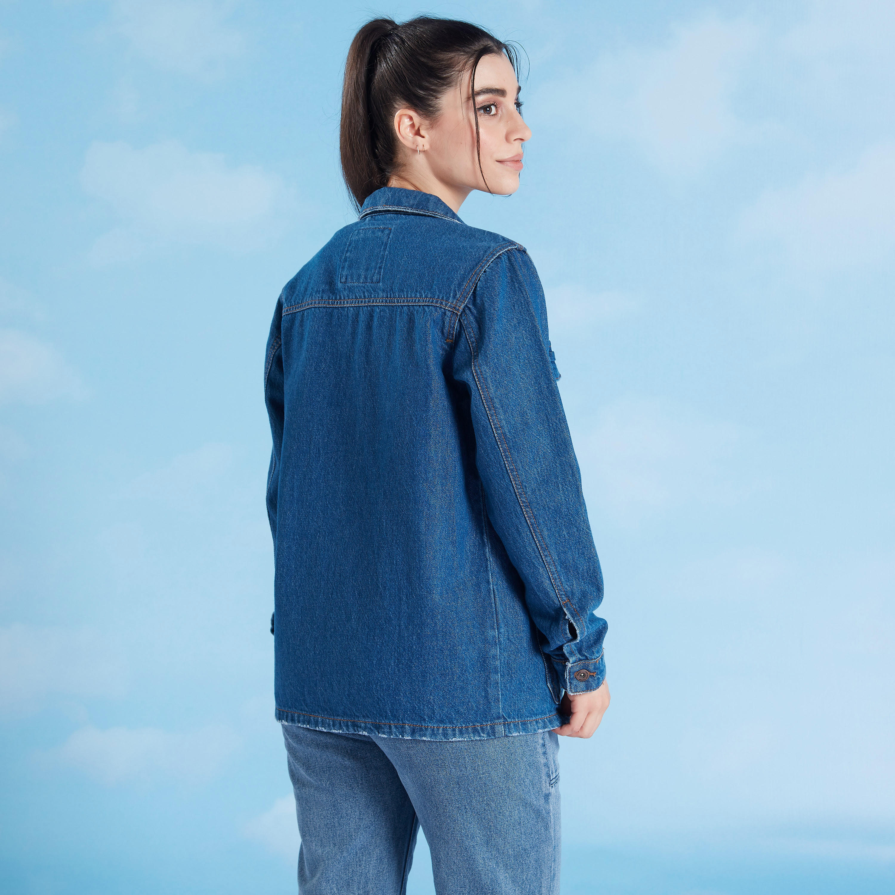 Plain Denim Jacket with Long Sleeves and Flap Pockets-women-winterwear-coatsandjackets-jackets-image-4