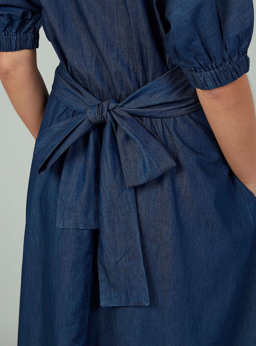 فستان إيه لاين سادة متوسط الطول بياقة مستديرة وأكمام قصيرة-women-clothing-dresses-image-3
