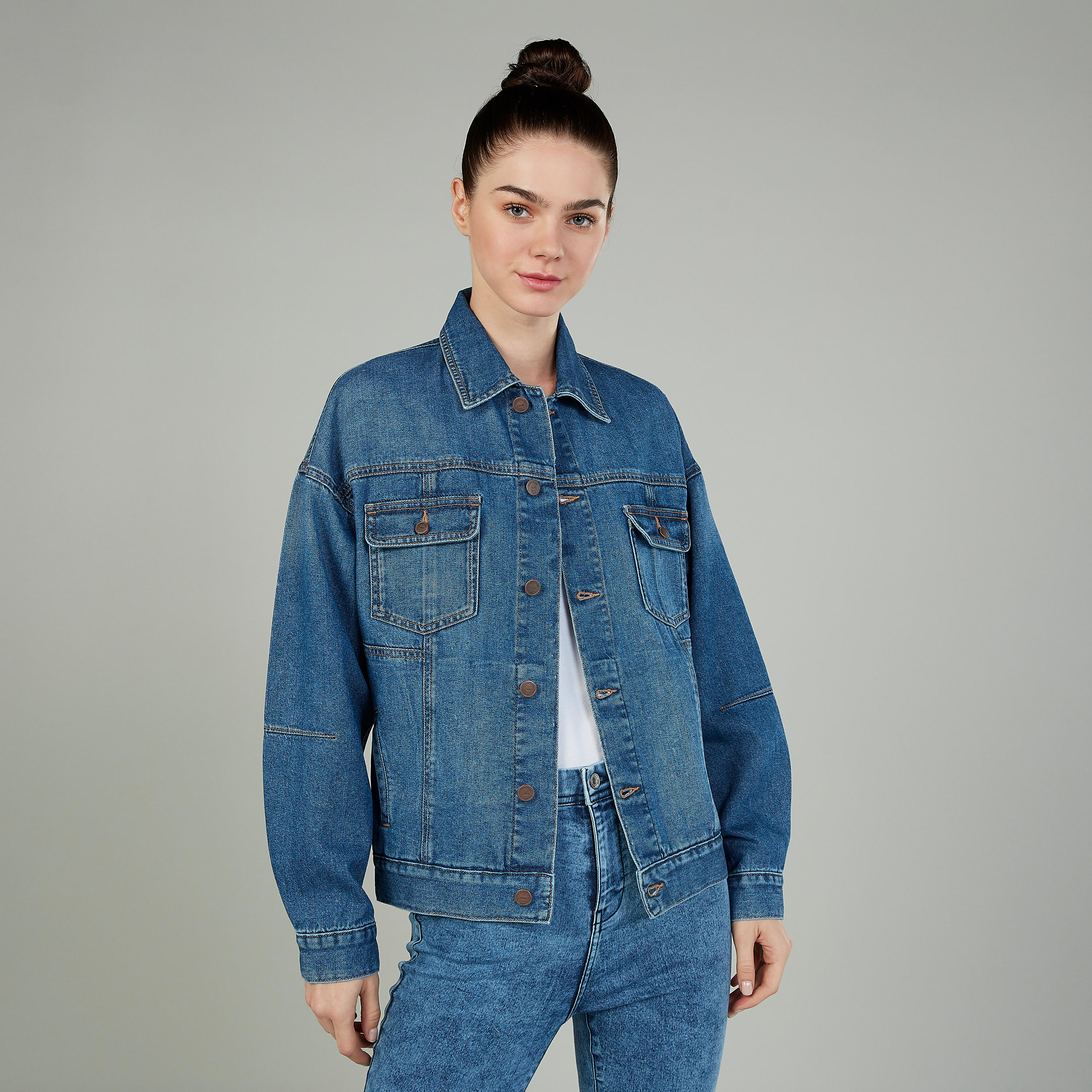 Textured Denim Jacket with Long Sleeves and Flap Pockets-women-winterwear-coatsandjackets-jackets-image-1