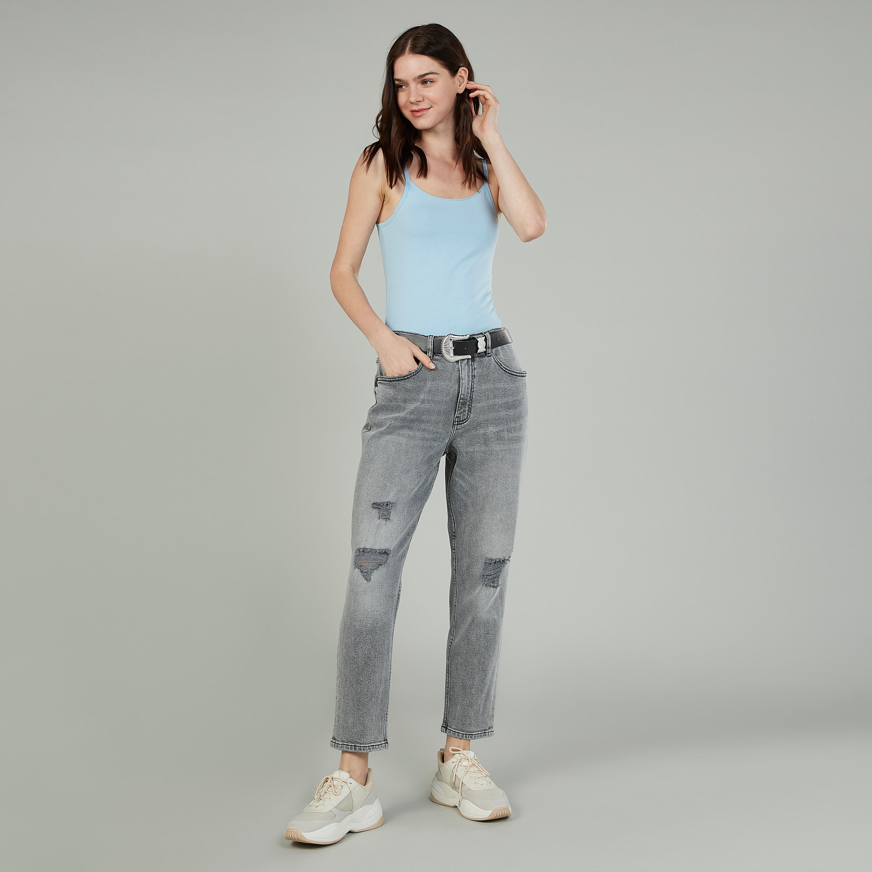 Mom Fit Distressed High-Rise Jeans with Belt Loops and Pocket Detail-women-clothing-bottoms-jeans-image-2