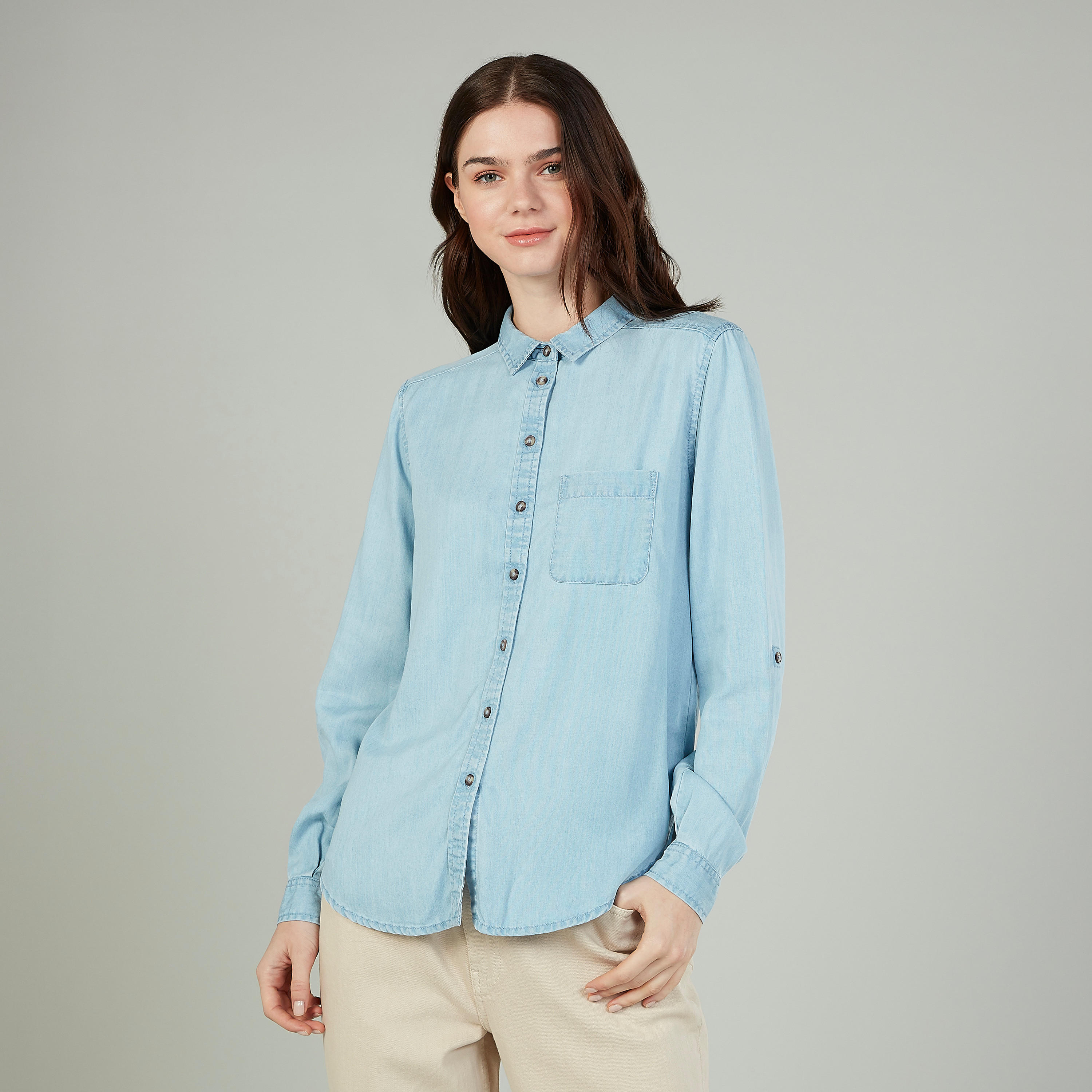 قميص دينم سادة بياقة عاديّة وأكمام طويلة-women-clothing-shirtsandblouses-shirts-image-4
