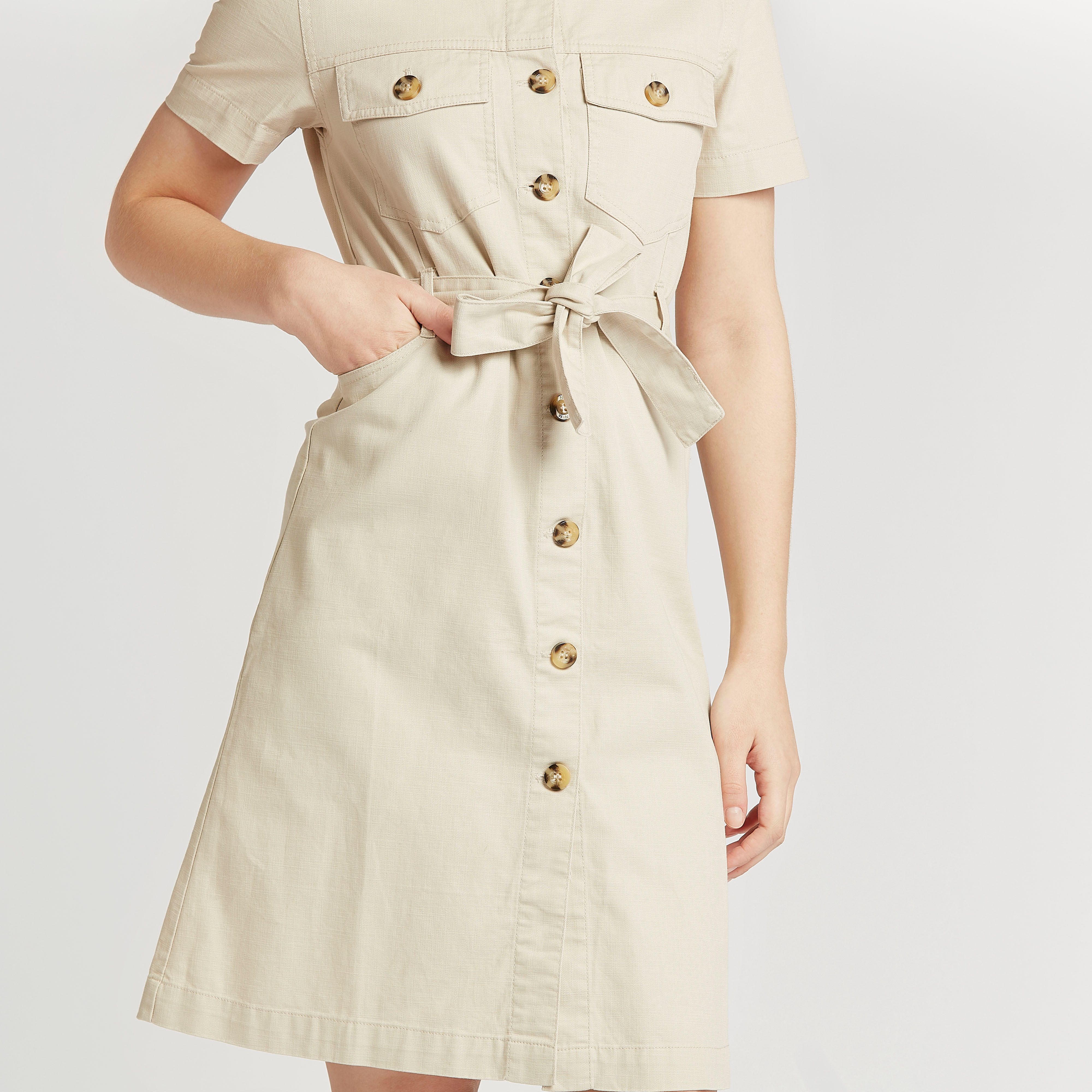 فستان قميص ميدي سادة بأكمام قصيرة وأربطة-women-clothing-dresses-image-3