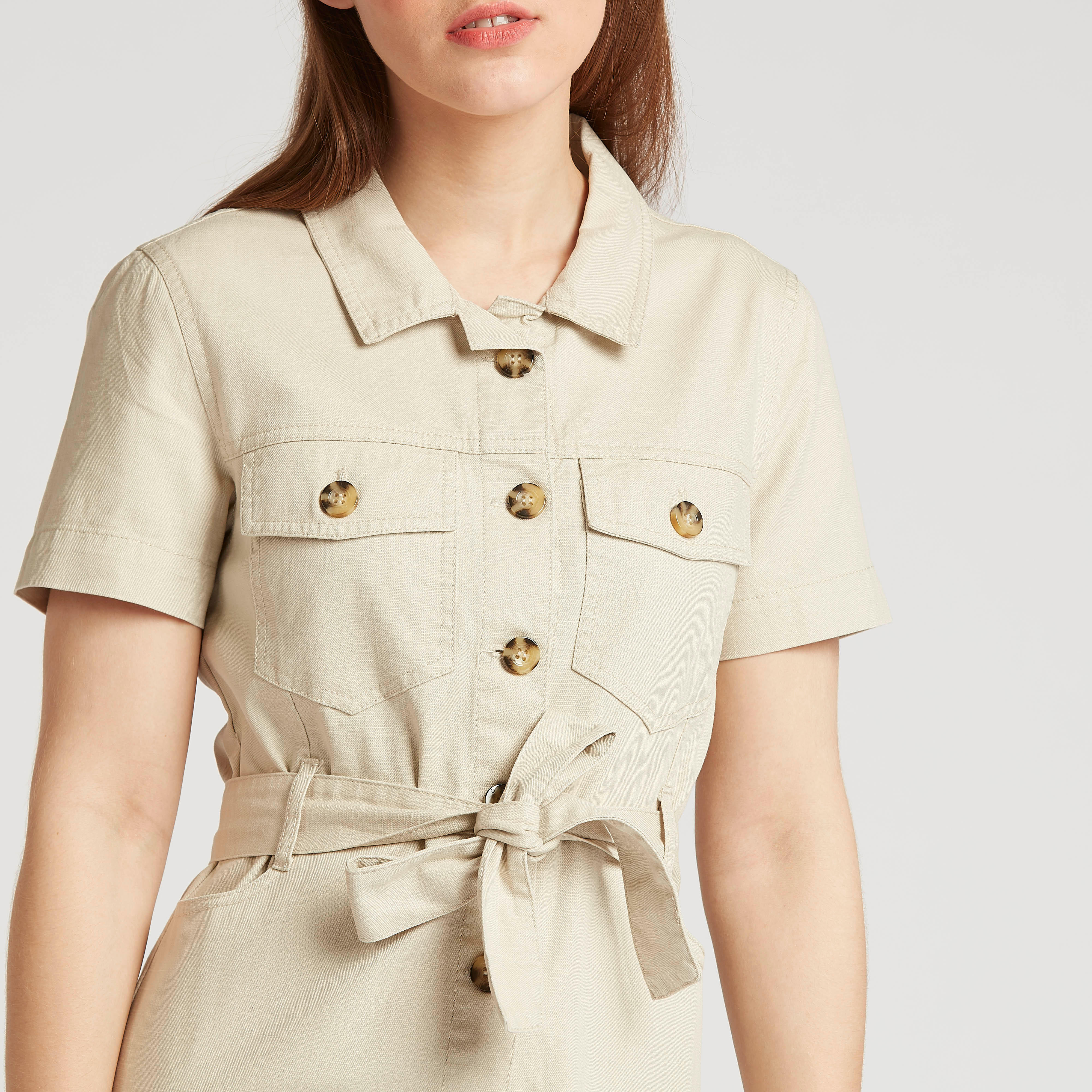 فستان قميص ميدي سادة بأكمام قصيرة وأربطة-women-clothing-dresses-image-5