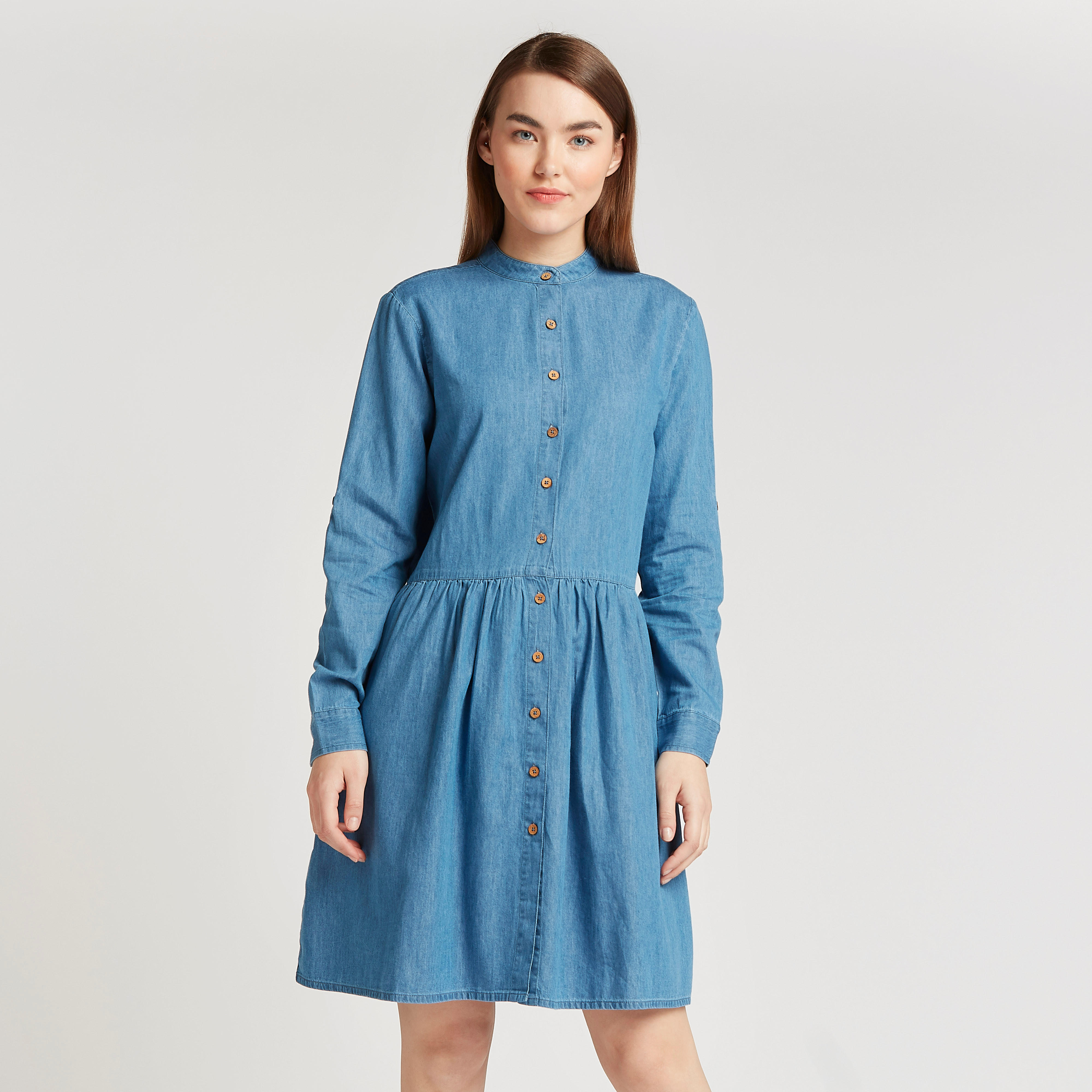 فستان قميص مستدام دنيم قصير بأكمام طويلة-women-clothing-dresses-image-1