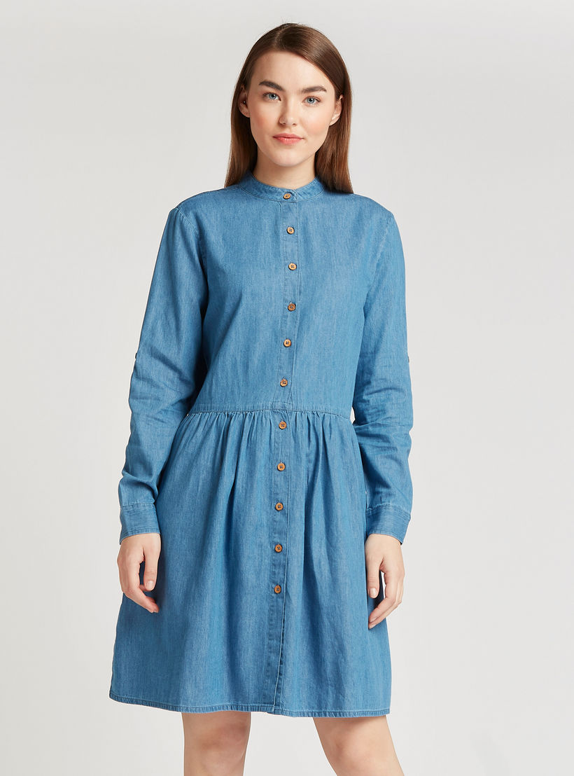 فستان قميص مستدام دنيم قصير بأكمام طويلة-women-clothing-dresses-image-1