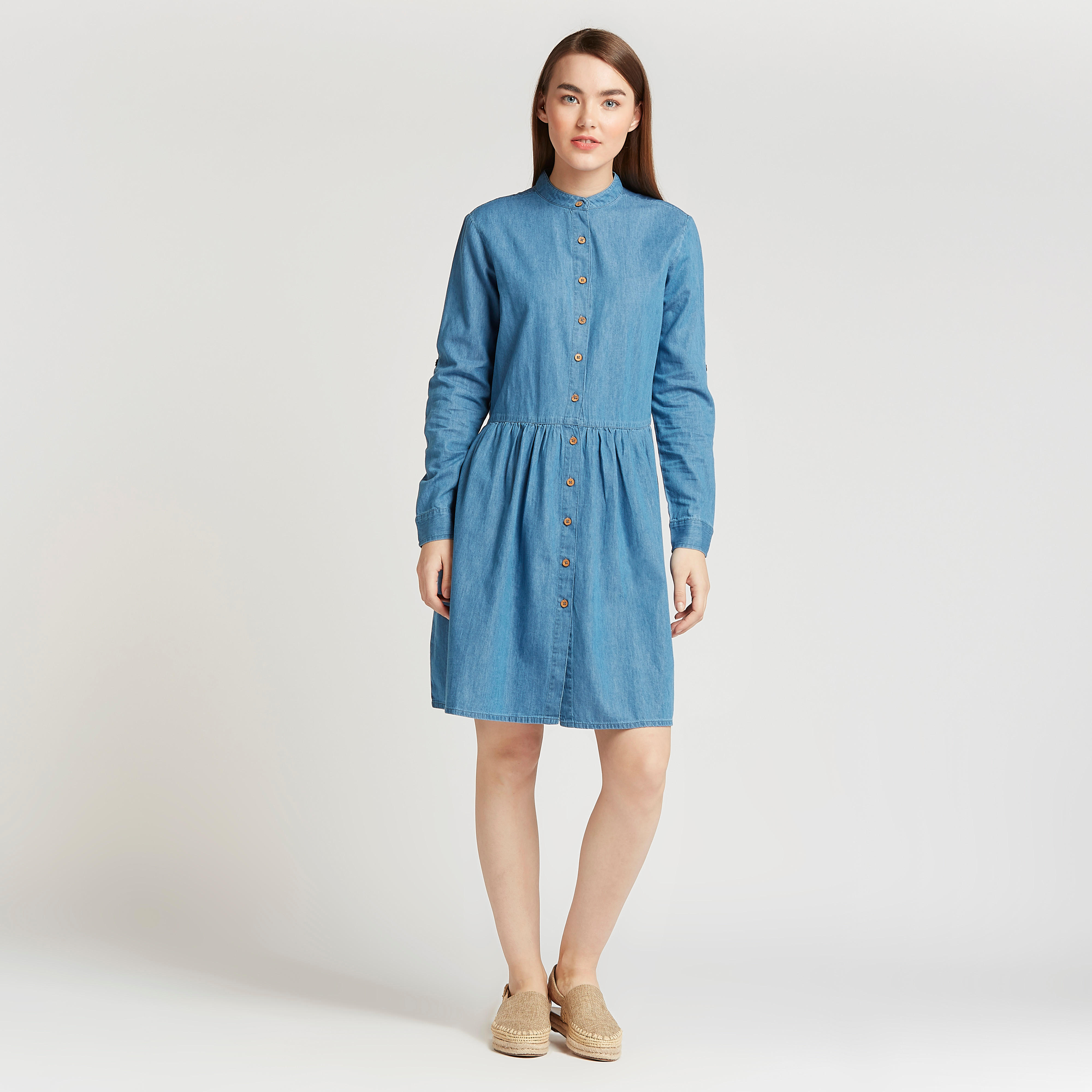 فستان قميص مستدام دنيم قصير بأكمام طويلة-women-clothing-dresses-image-2