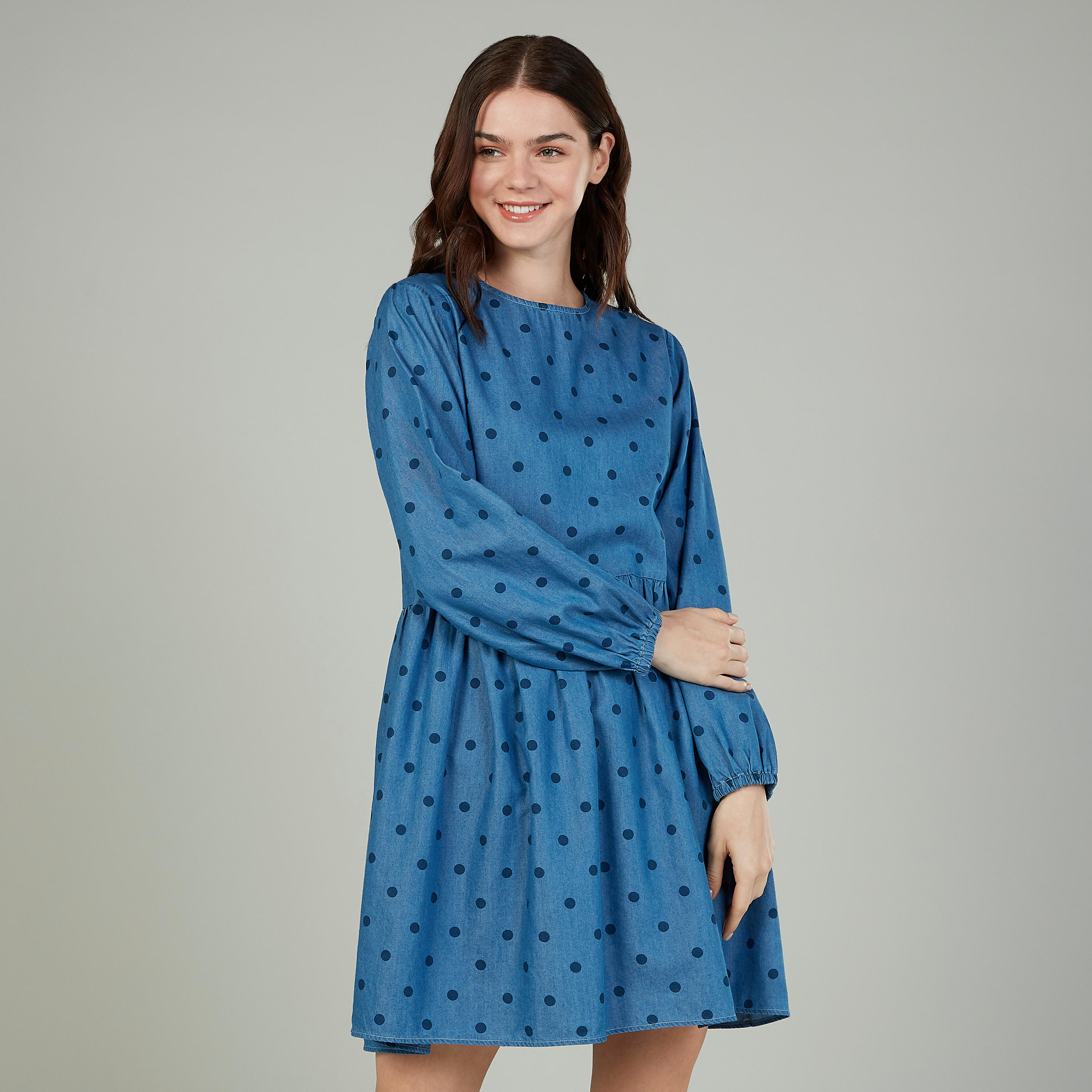 فستانإ يه لاين بياقة مستديرة وأكمام طويلة وطبعات منقّطة-women-clothing-dresses-image-1