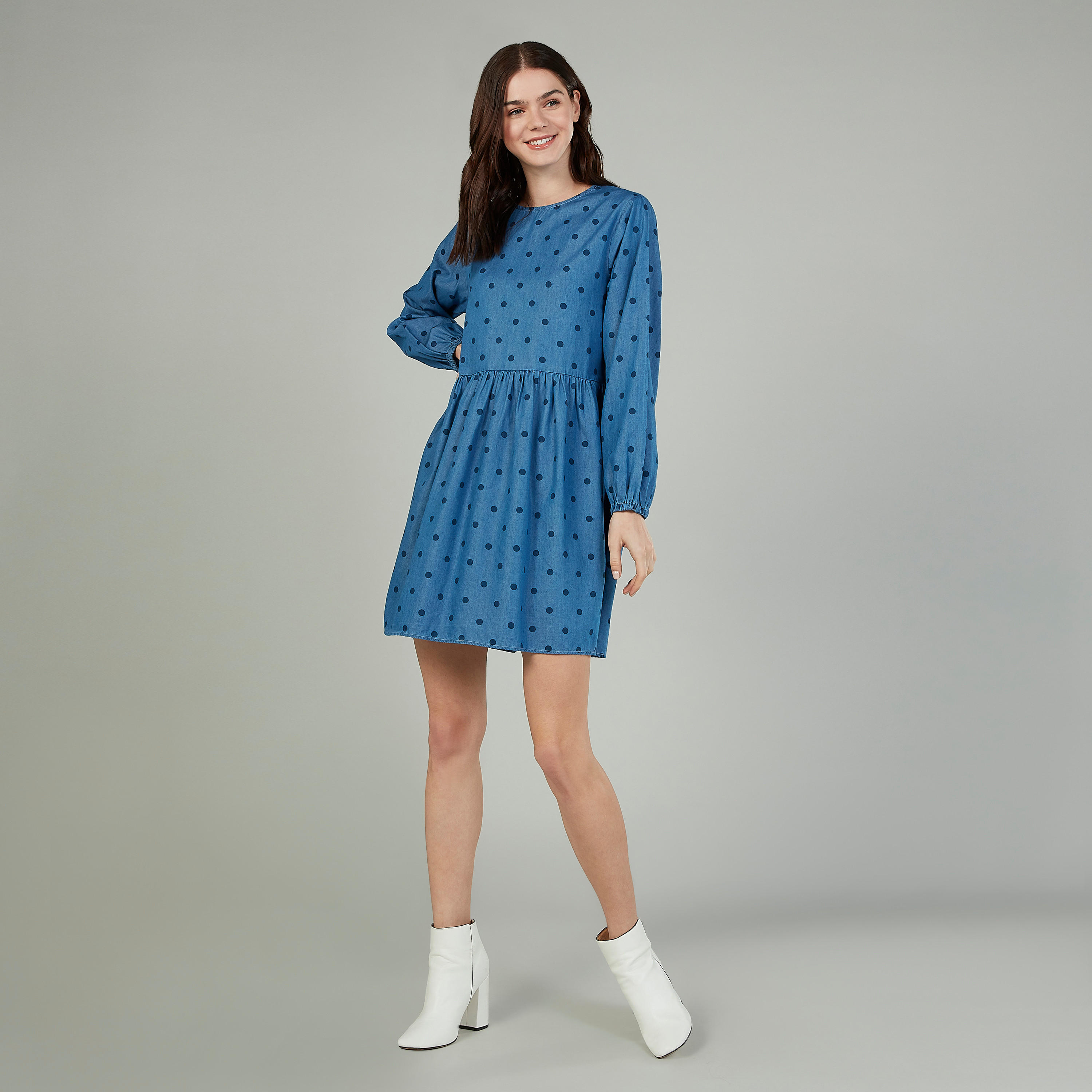فستانإ يه لاين بياقة مستديرة وأكمام طويلة وطبعات منقّطة-women-clothing-dresses-image-2