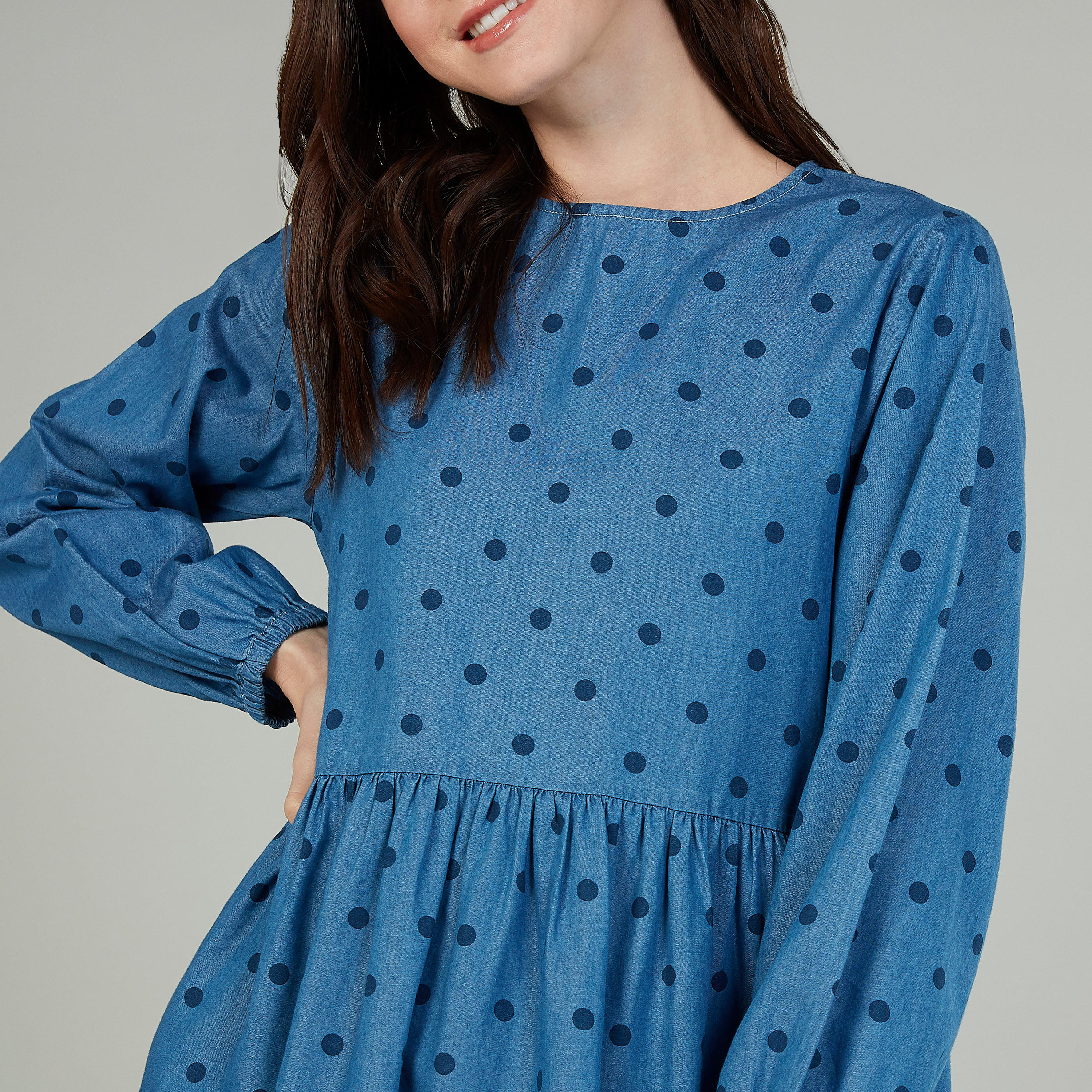 فستانإ يه لاين بياقة مستديرة وأكمام طويلة وطبعات منقّطة-women-clothing-dresses-image-3