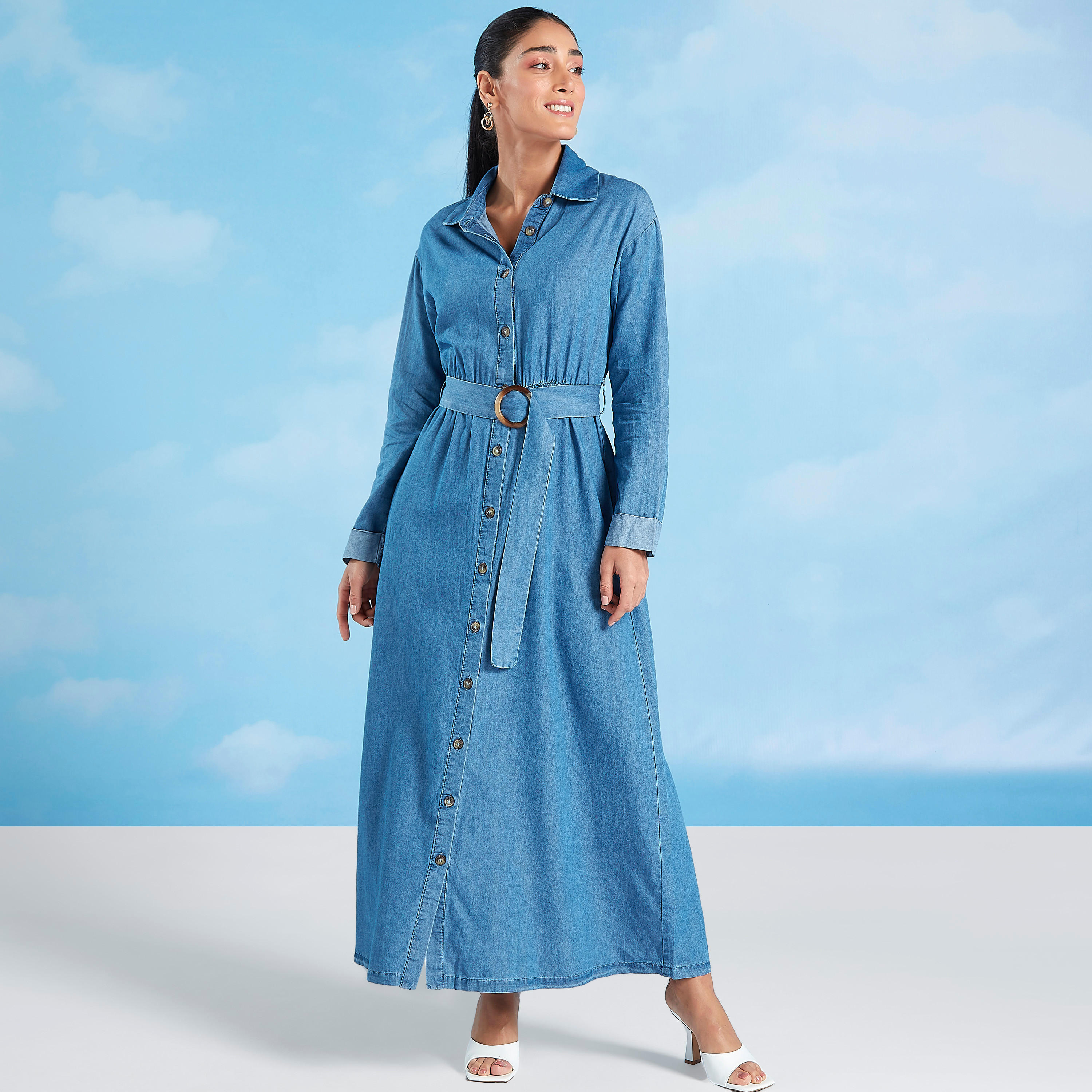 فستان قميص دنيم ميدي بأكمام طويلة وحزام-women-clothing-dresses-image-1