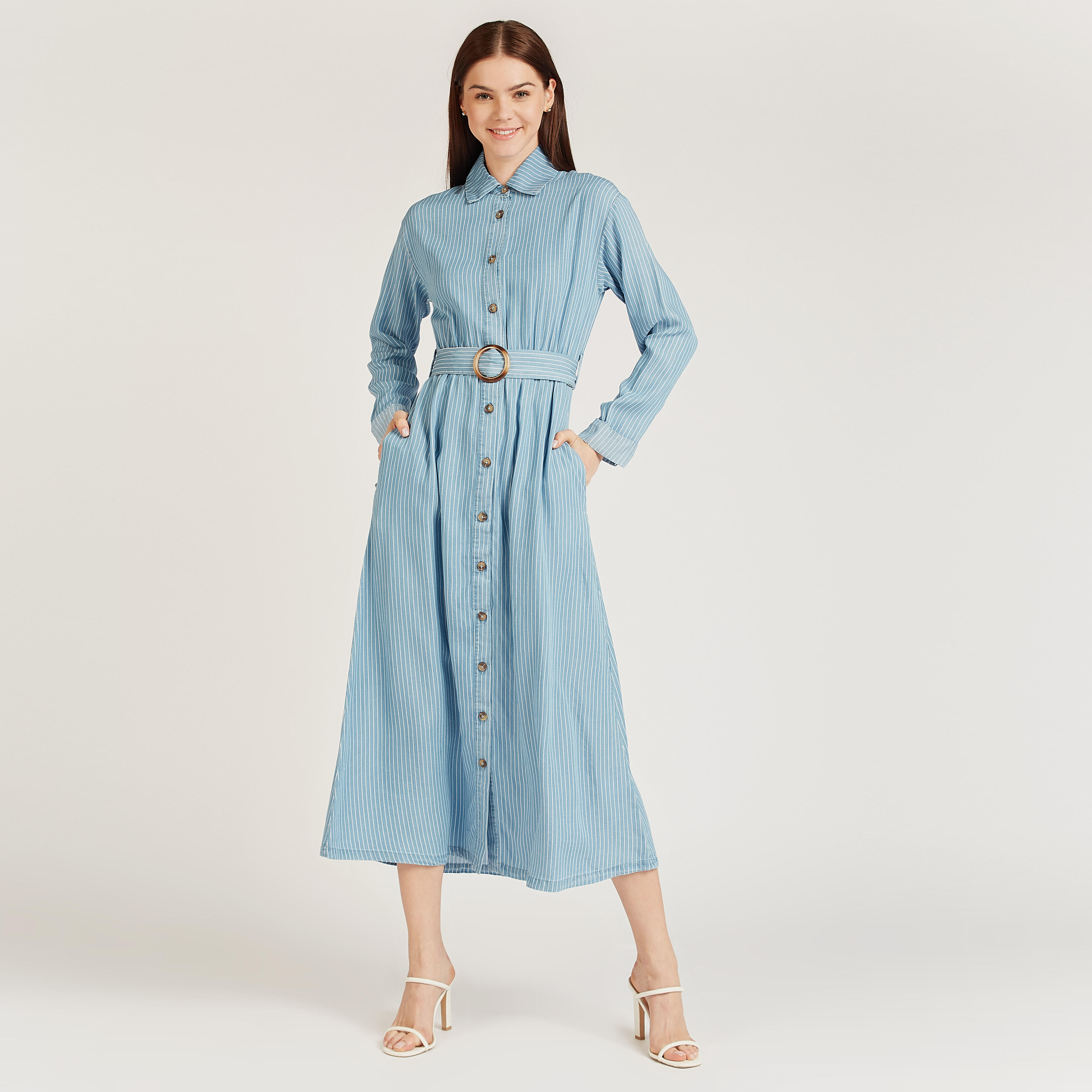 فستان قميص مخطط متوسط الطول بأكمام طويلة وحزام-women-clothing-dresses-image-1