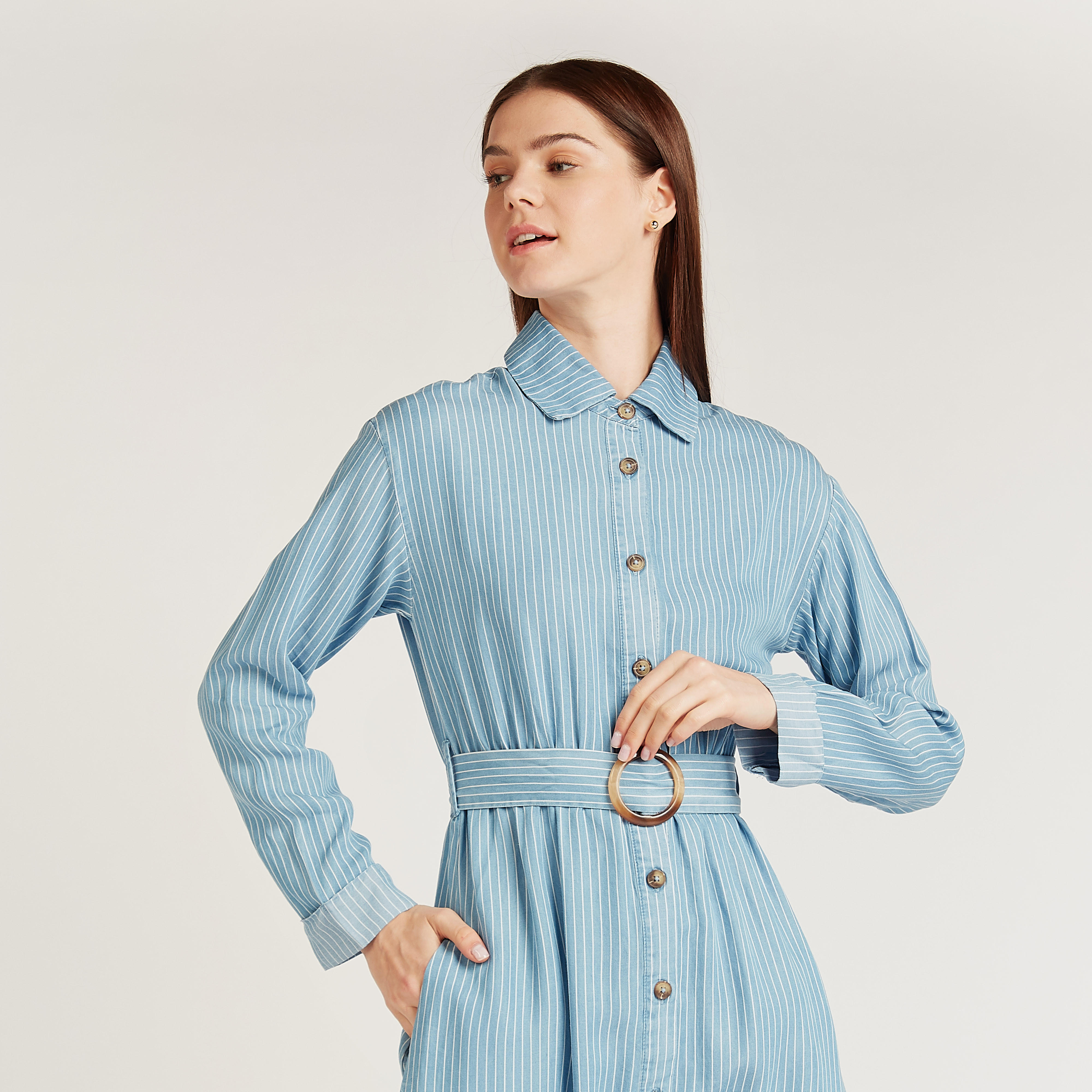 فستان قميص مخطط متوسط الطول بأكمام طويلة وحزام-women-clothing-dresses-image-2