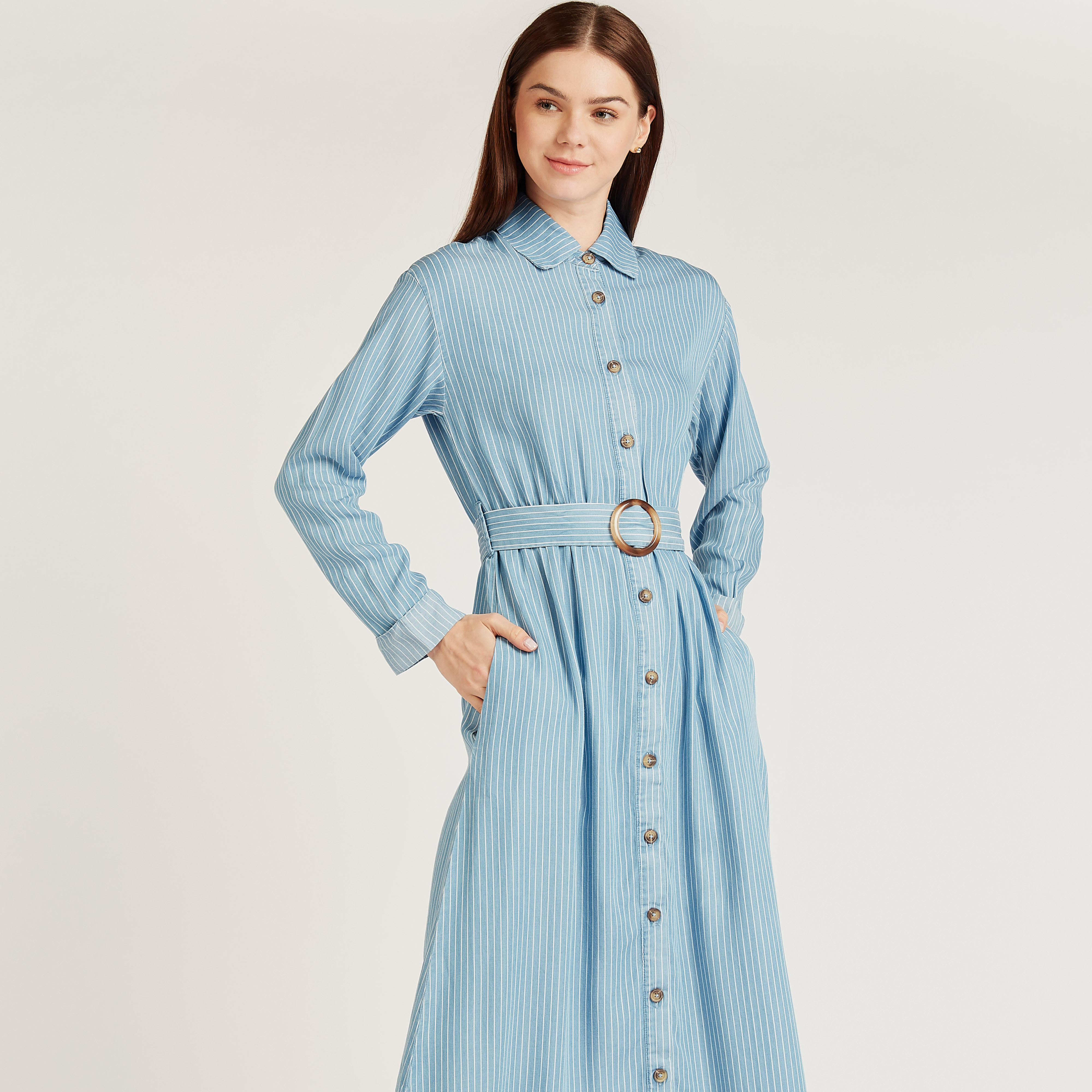 فستان قميص مخطط متوسط الطول بأكمام طويلة وحزام-women-clothing-dresses-image-3