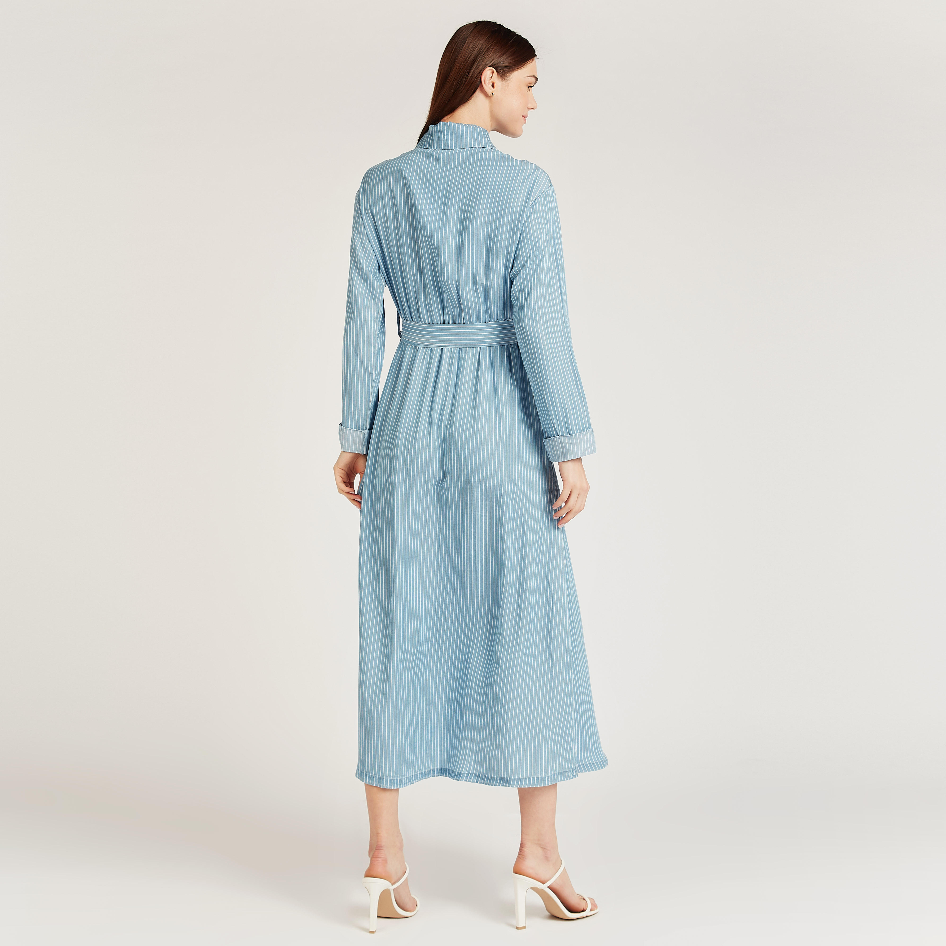 فستان قميص مخطط متوسط الطول بأكمام طويلة وحزام-women-clothing-dresses-image-4